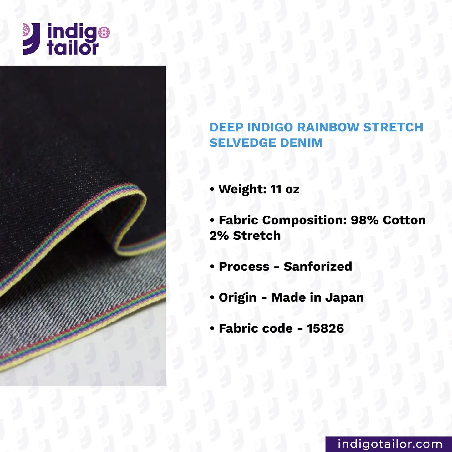 DEEP INDIGO RAINBOW STRETCH SELVEDGE DENIM fabric with specifications and Indigotailor branding.