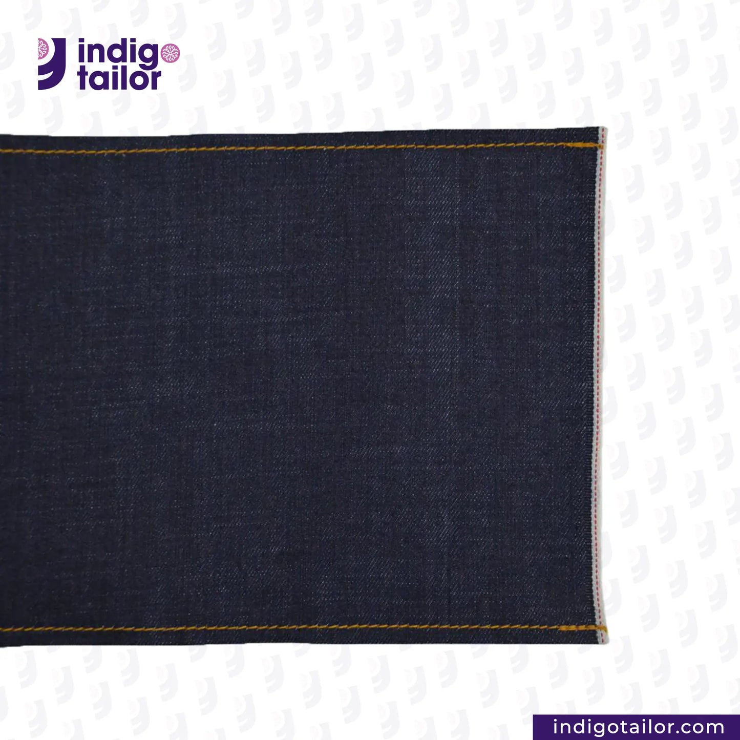 DEEP INDIGO STRETCH SELVEDGE DENIM fabric with visible stitching on a white background, featuring the Indigotailor logo.