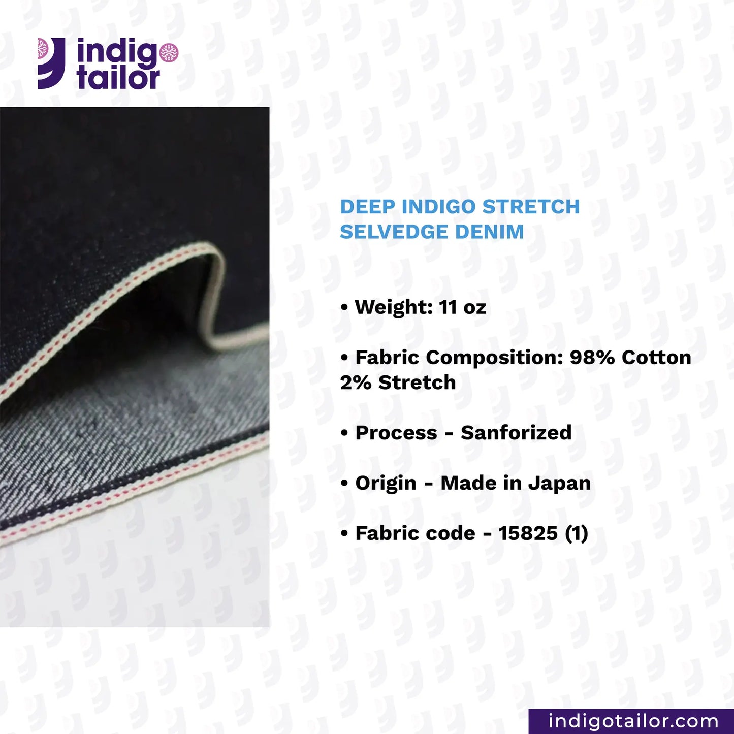 DEEP INDIGO STRETCH SELVEDGE DENIM fabric with product details on a white background