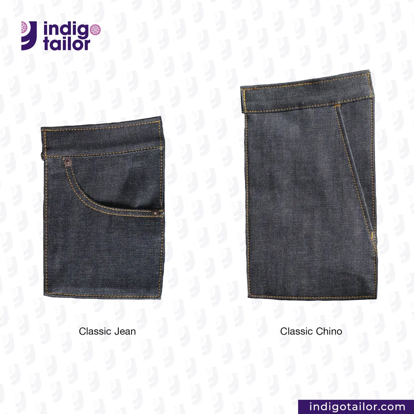 Two denim pieces labeled 'Classic Jean' and 'Classic Chino' with Indigotailor branding.