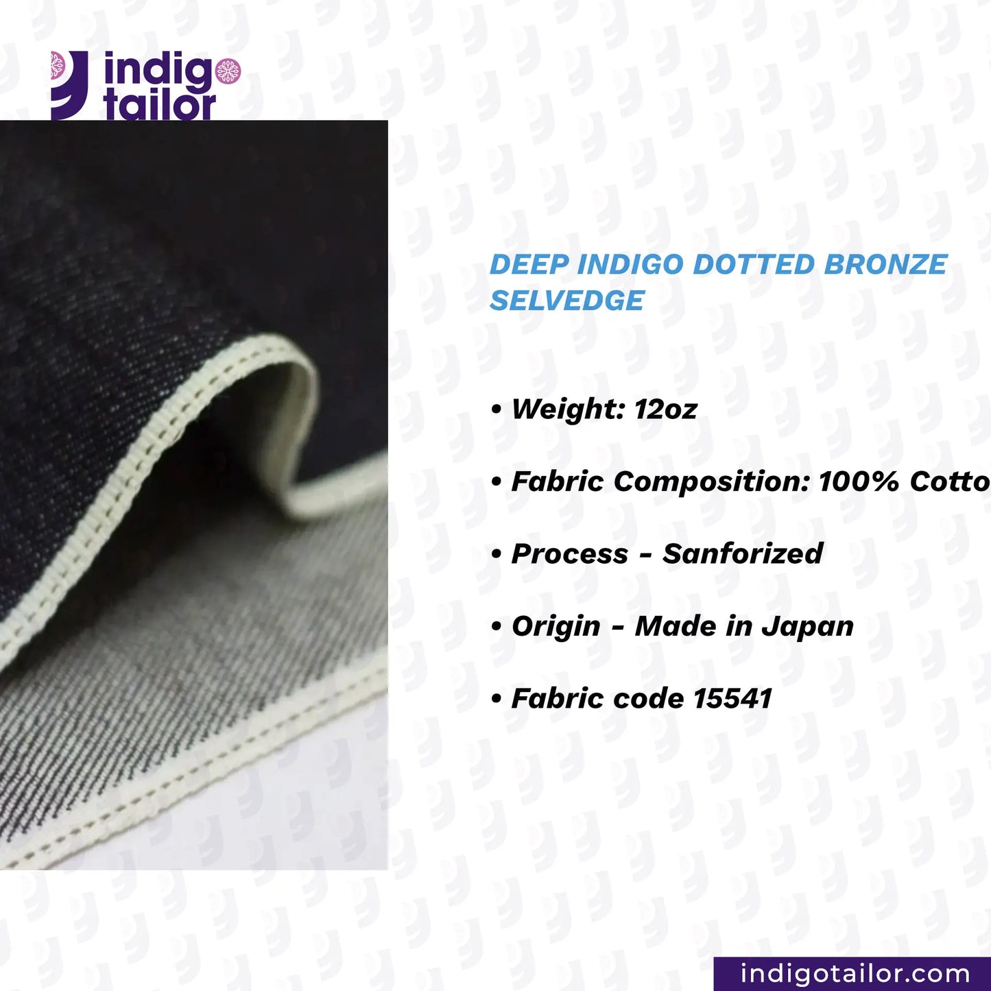 DEEP INDIGO STRETCH SELVEDGE DENIM fabric with specifications and Indigotailor branding on a white background