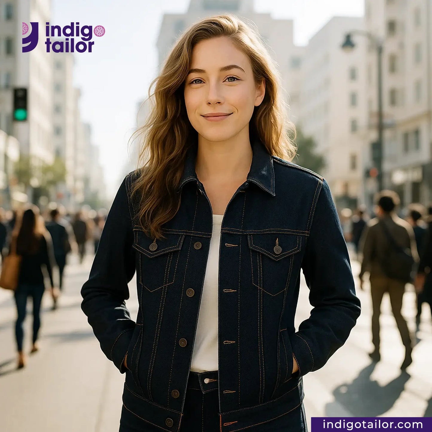 Woman wearing a DEEP INDIGO TWO COLORED EDGE SELVEDGE DENIM jacket on a city street with Indigotailor logo.