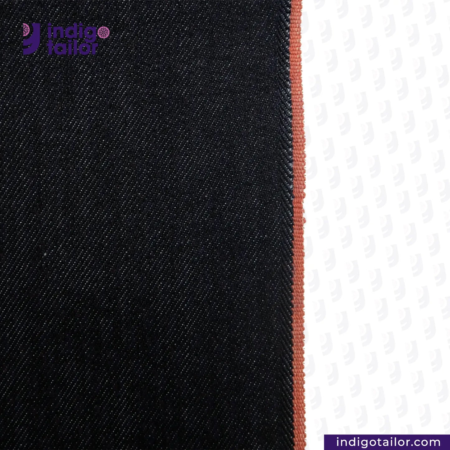 Close-up of DEEP INDIGO TWO COLORED EDGE SELVEDGE DENIM fabric with a red stitching detail on a white background, featuring the Indigotailor logo.