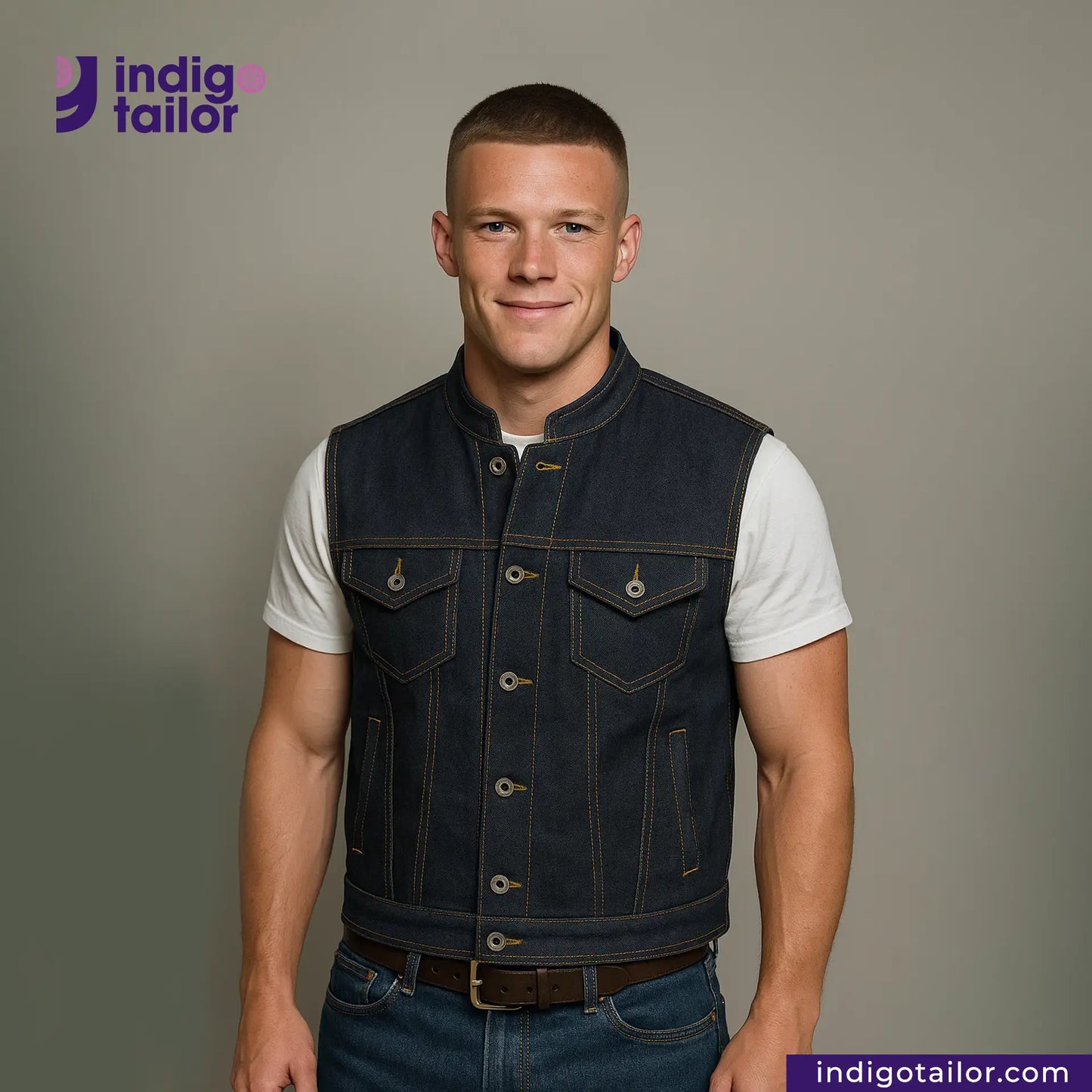 Man wearing a DENIM BIKER VEST over a white shirt with 'Indigotailor' branding.
