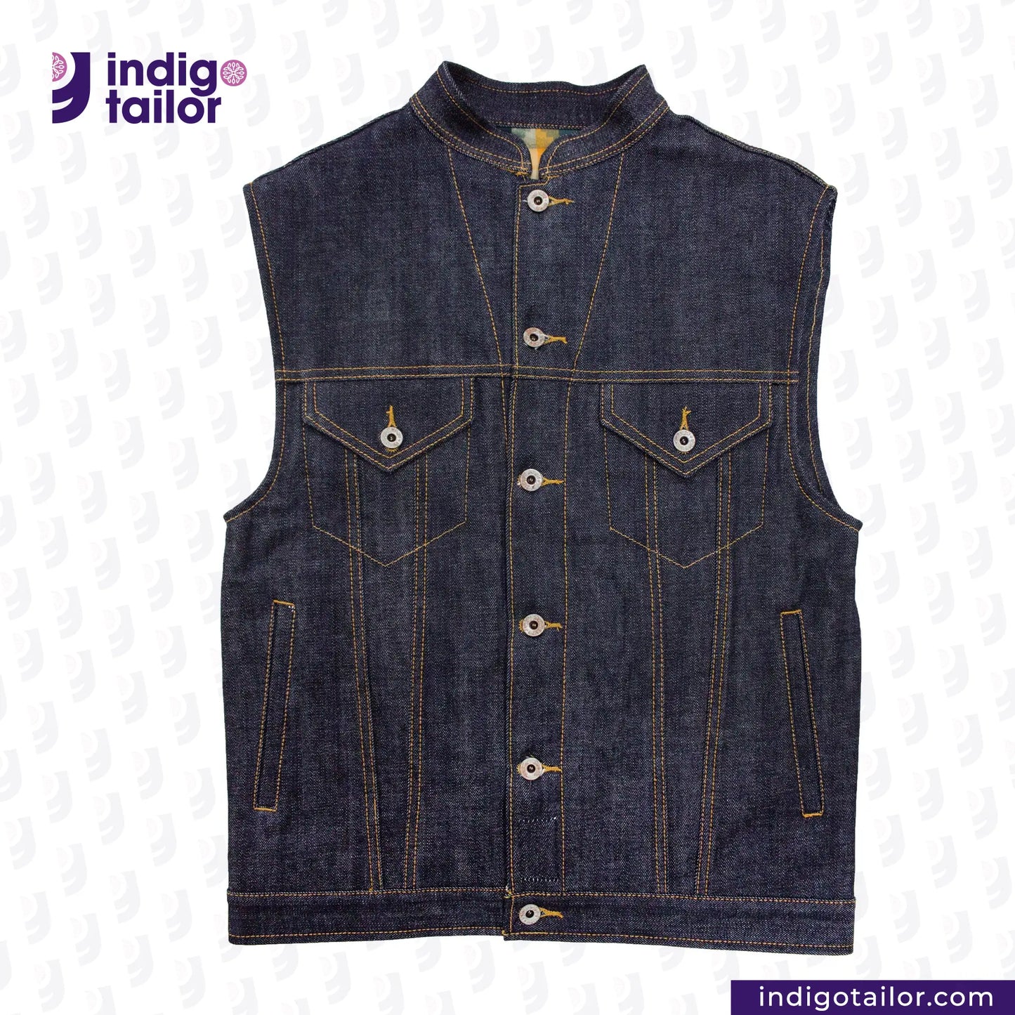 DENIM BIKER VEST with button details on a white background, featuring the Indigotailor logo.