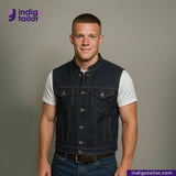 Man wearing a DENIM BIKER VEST over a white shirt with 'Indigotailor' branding.