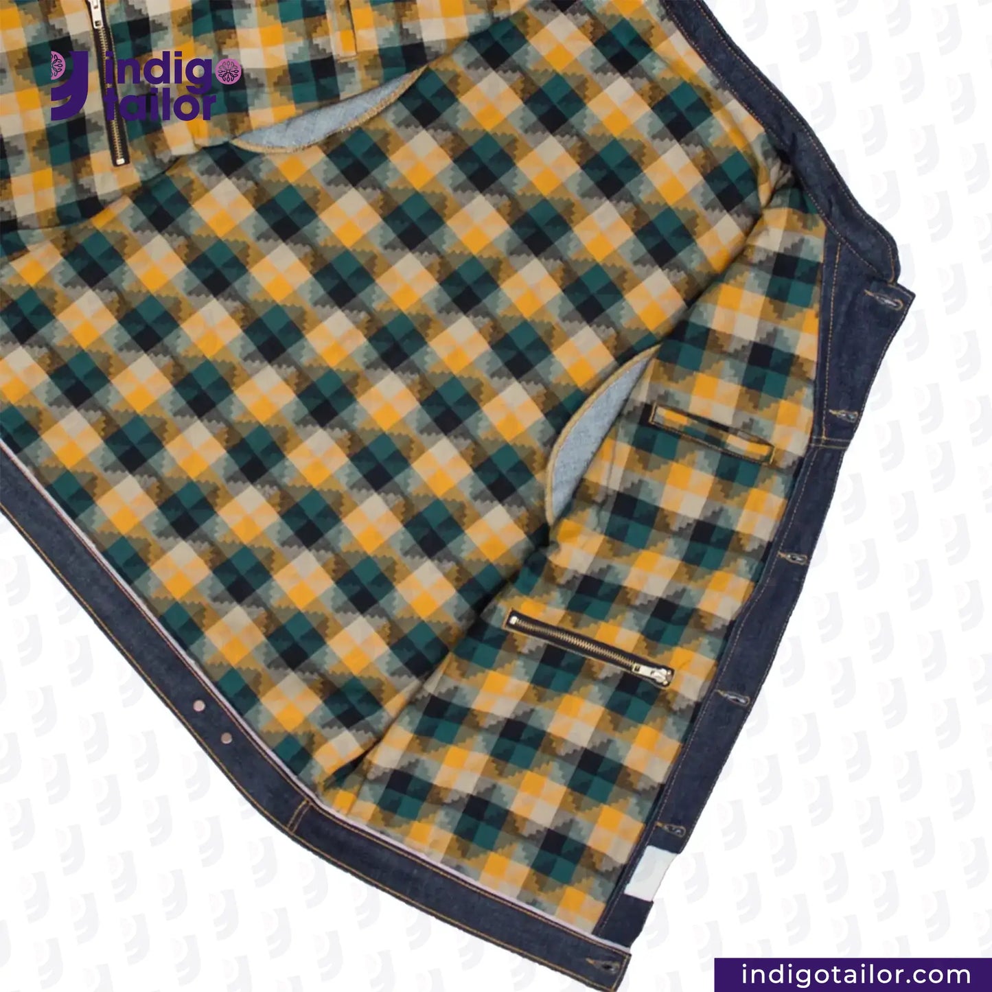 DENIM BIKER VEST with green and yellow pattern on a white background, featuring 'Indigo Tailor' branding.