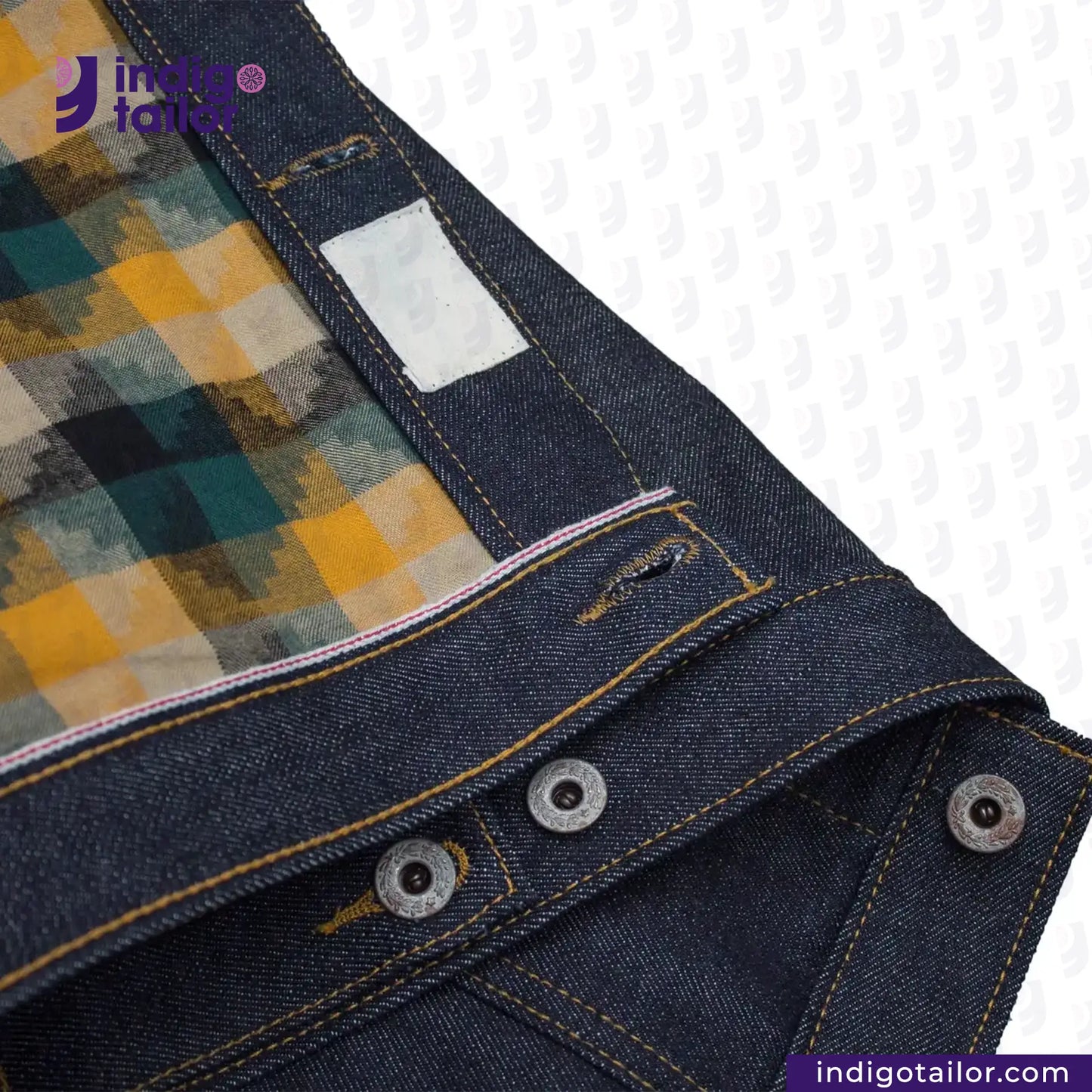 Close-up of DENIM BIKER VEST with a plaid pattern peeking out, featuring 'Indigotailor' branding.