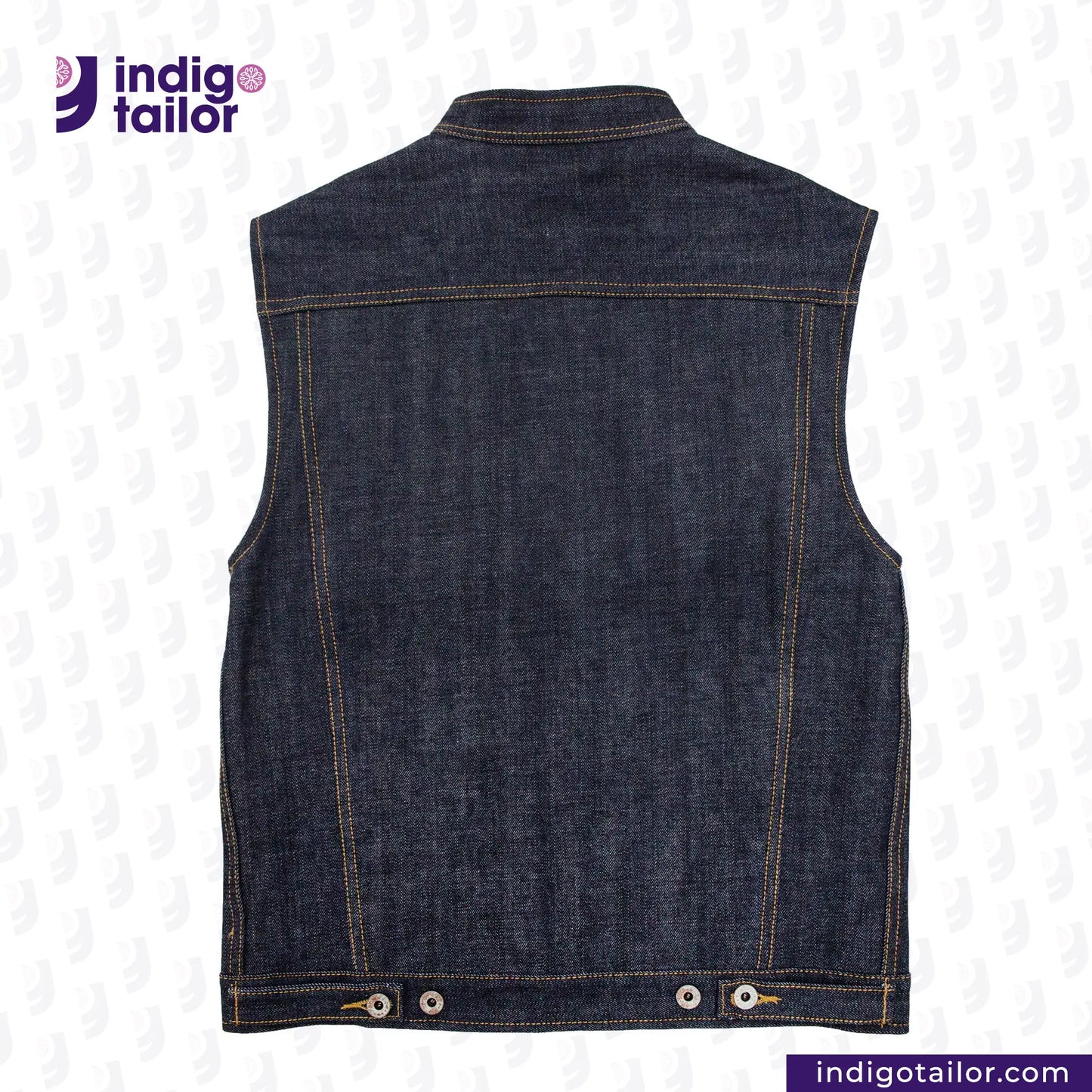 DENIM BIKER VEST on a white background with 'Indigotailor' branding.