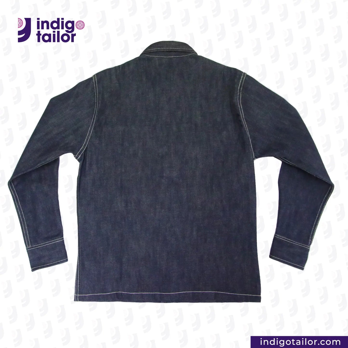 Back view of a DENIM CHORECOAT shirt with 'Indigotailor' logo on a white background