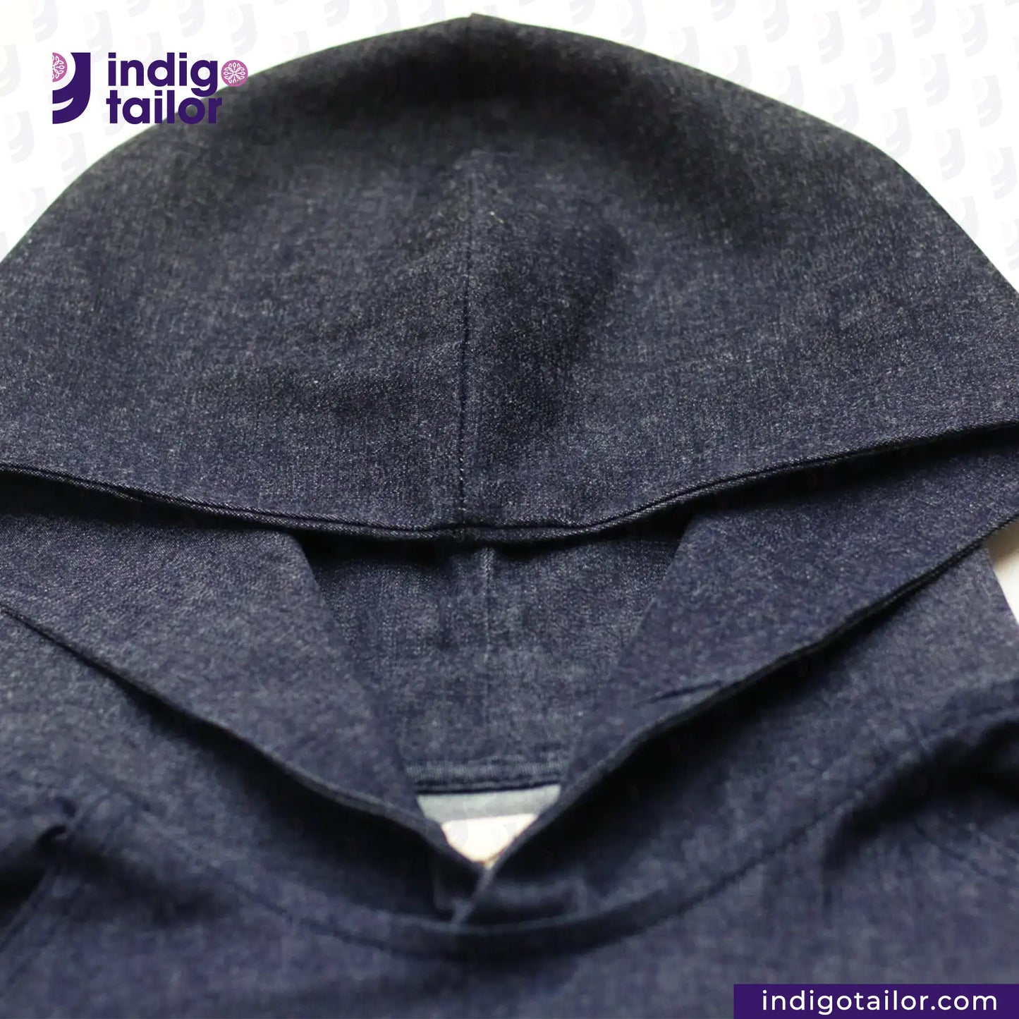 DENIM HOODIE with a collar, featuring the 'indigotailor' brand logo.