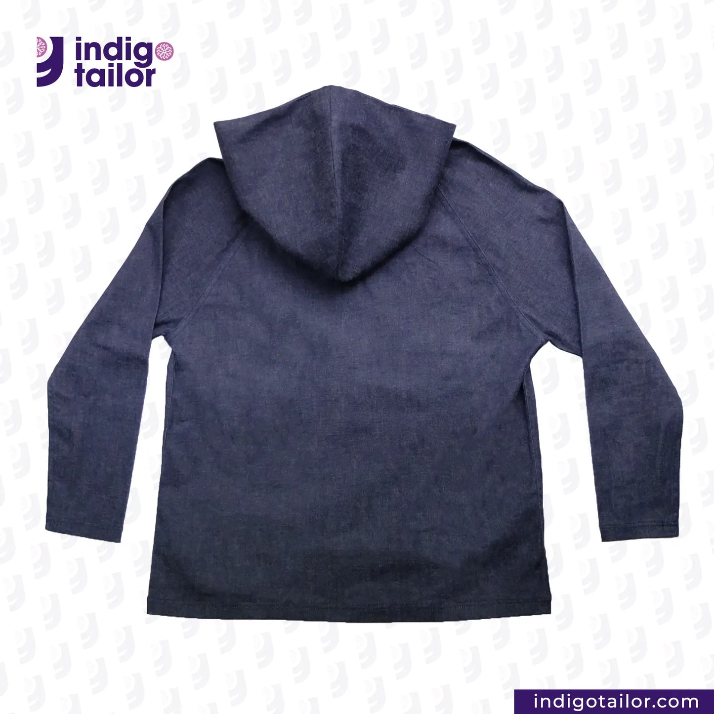 DENIM HOODIE on a light gray background with 'Indigotailor' branding.
