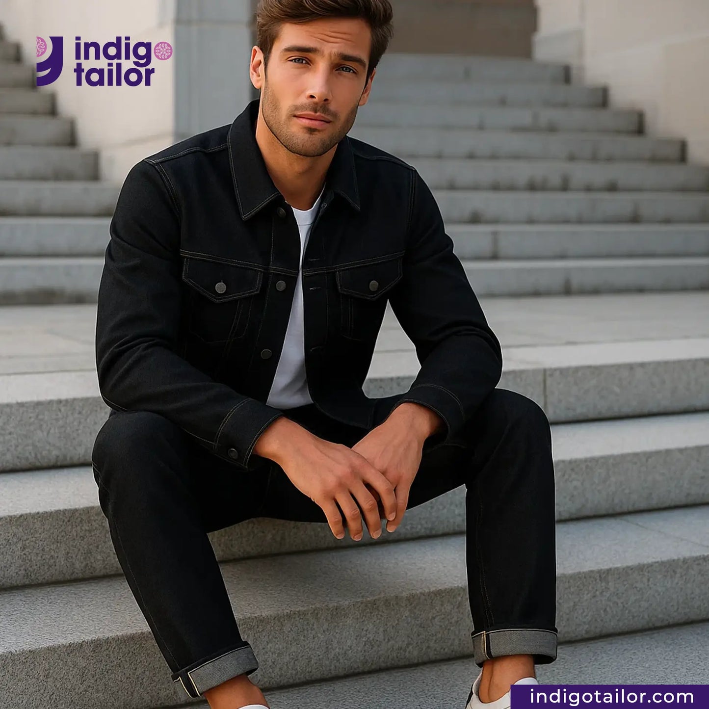 Man sitting on steps wearing a DOUBLE BLACK OREO SELVEDGE DENIM jacket and jeans with 'Indigotailor' branding.
