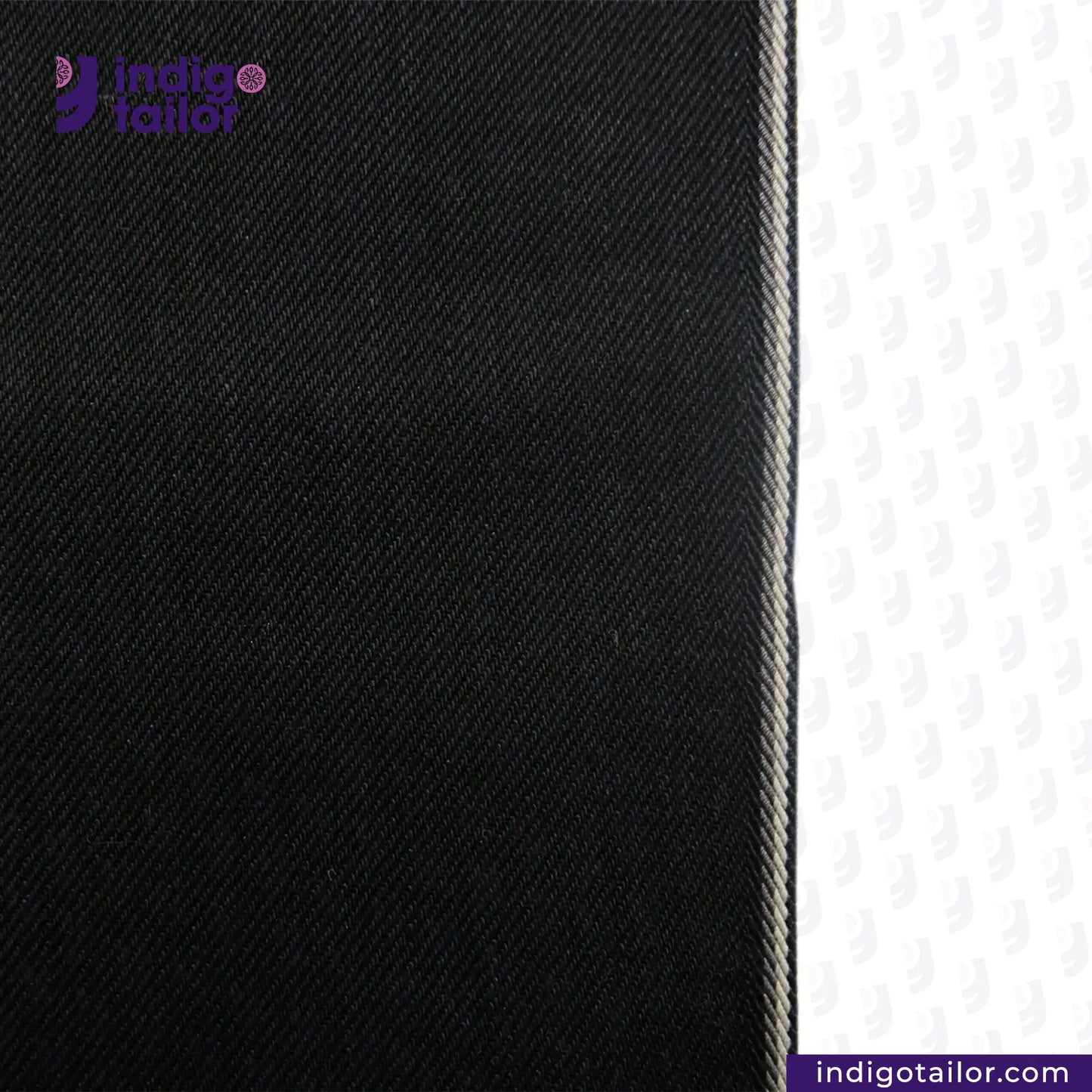 DOUBLE BLACK OREO SELVEDGE DENIM fabric swatch with Indigotailor logo and website URL.