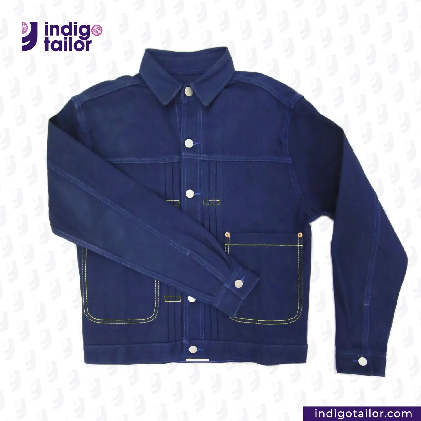 DOUBLE DIPPED TRIPLE PLEAT REPRO denim jacket with white buttons on a light gray background, featuring the Indigotailor logo.