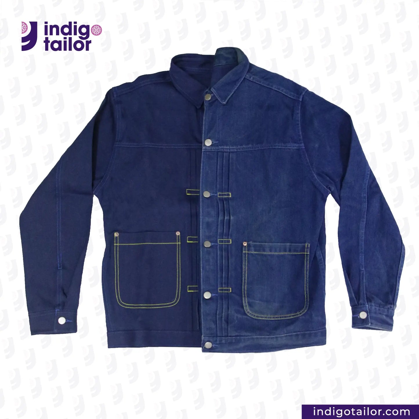 DOUBLE DIPPED TRIPLE PLEAT REPRO denim jacket with 'Indigo Tailor' branding on a white background