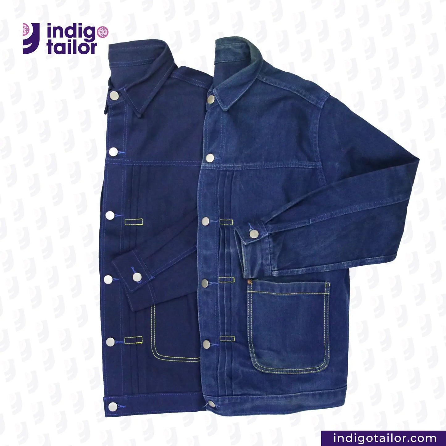 DOUBLE DIPPED TRIPLE PLEAT REPRO denim jacket with white buttons on a light gray background, featuring the Indigotailor logo.