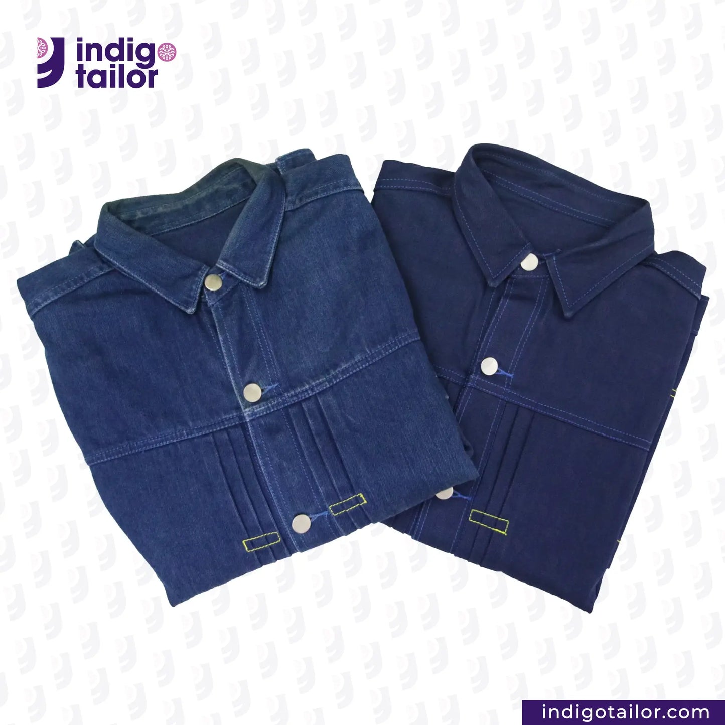 DOUBLE DIPPED TRIPLE PLEAT REPRO Two denim jackets on a white background with 'indigotailor' branding.