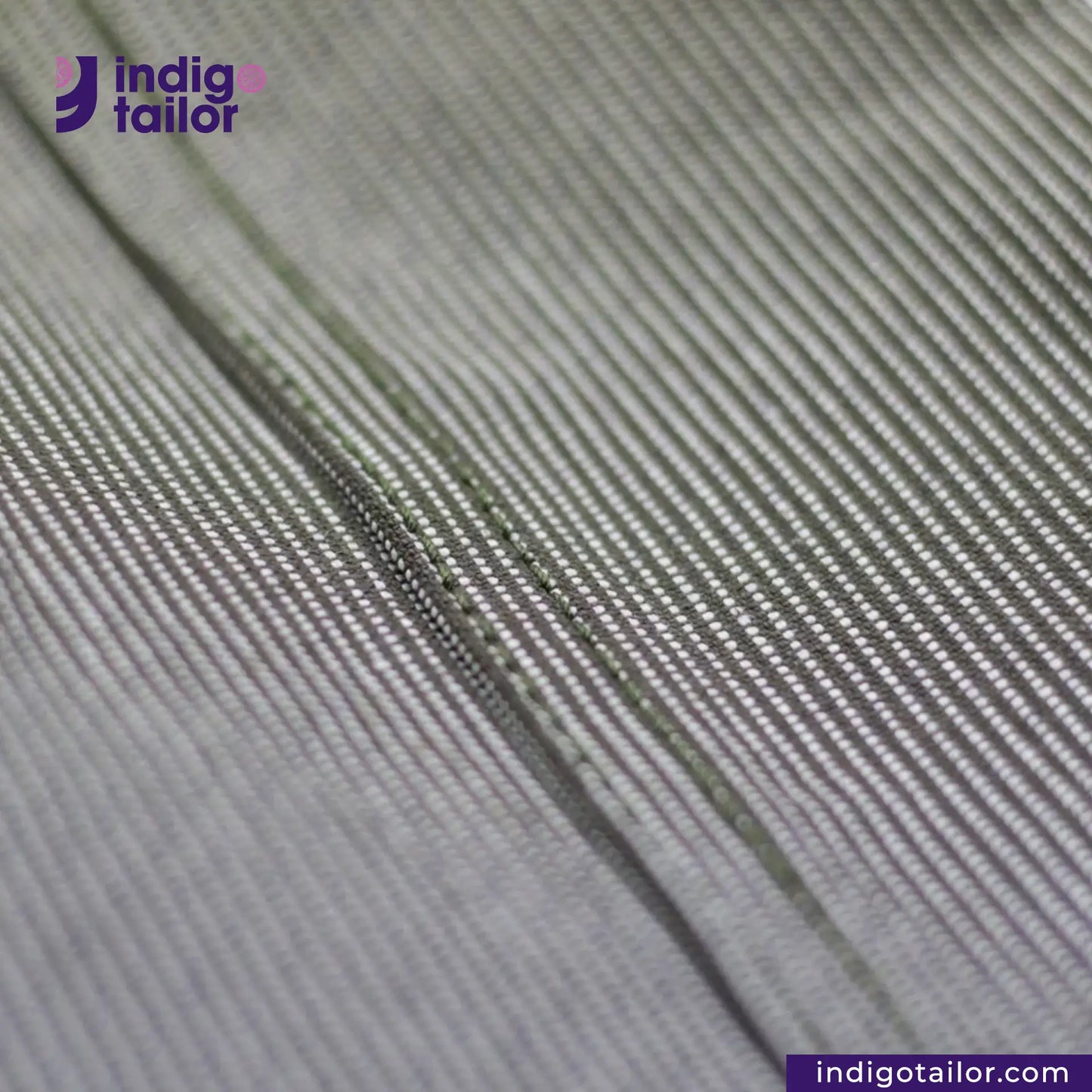 Close-up of EASY JACKET OLIVE WABASH ONE WASH with 'Indigotailor' logo and website.