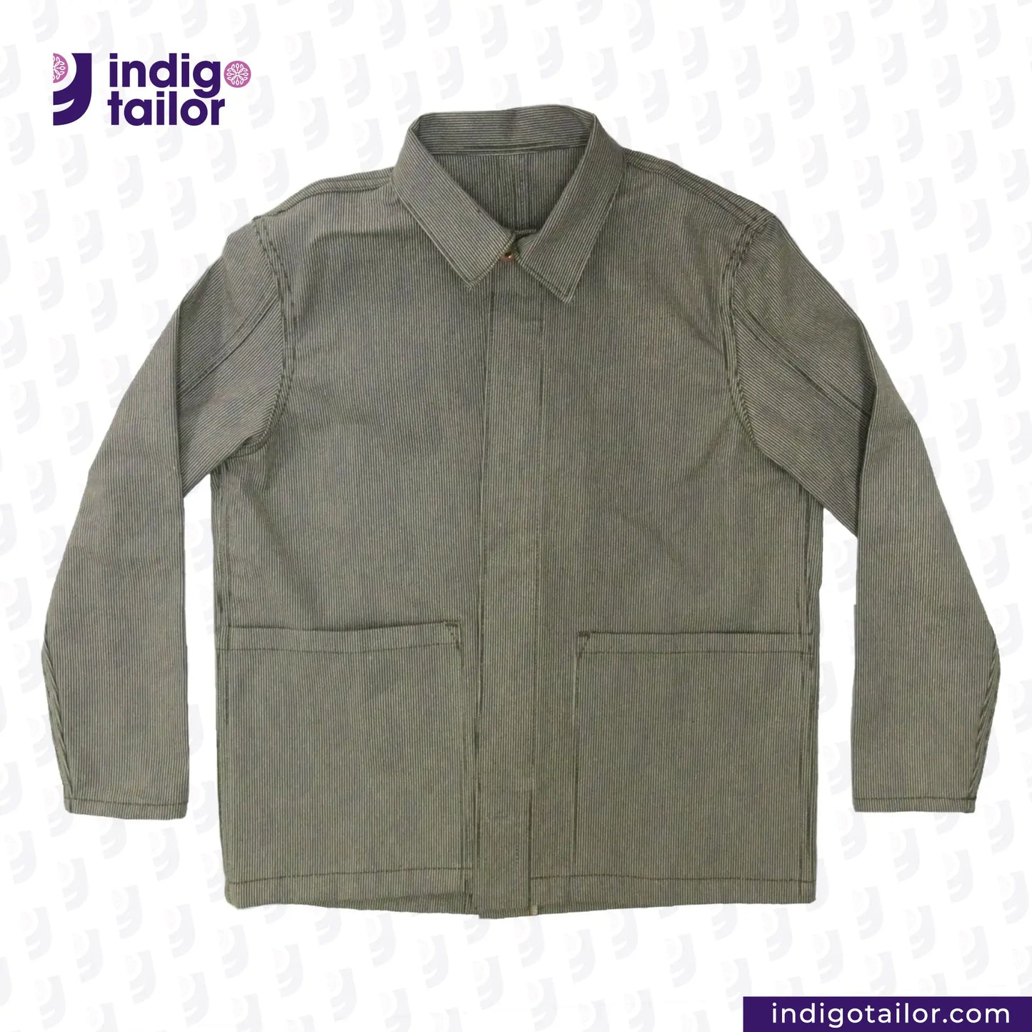 EASY JACKET OLIVE WABASH ONE WASH on a white background with 'Indigo Tailor' branding.