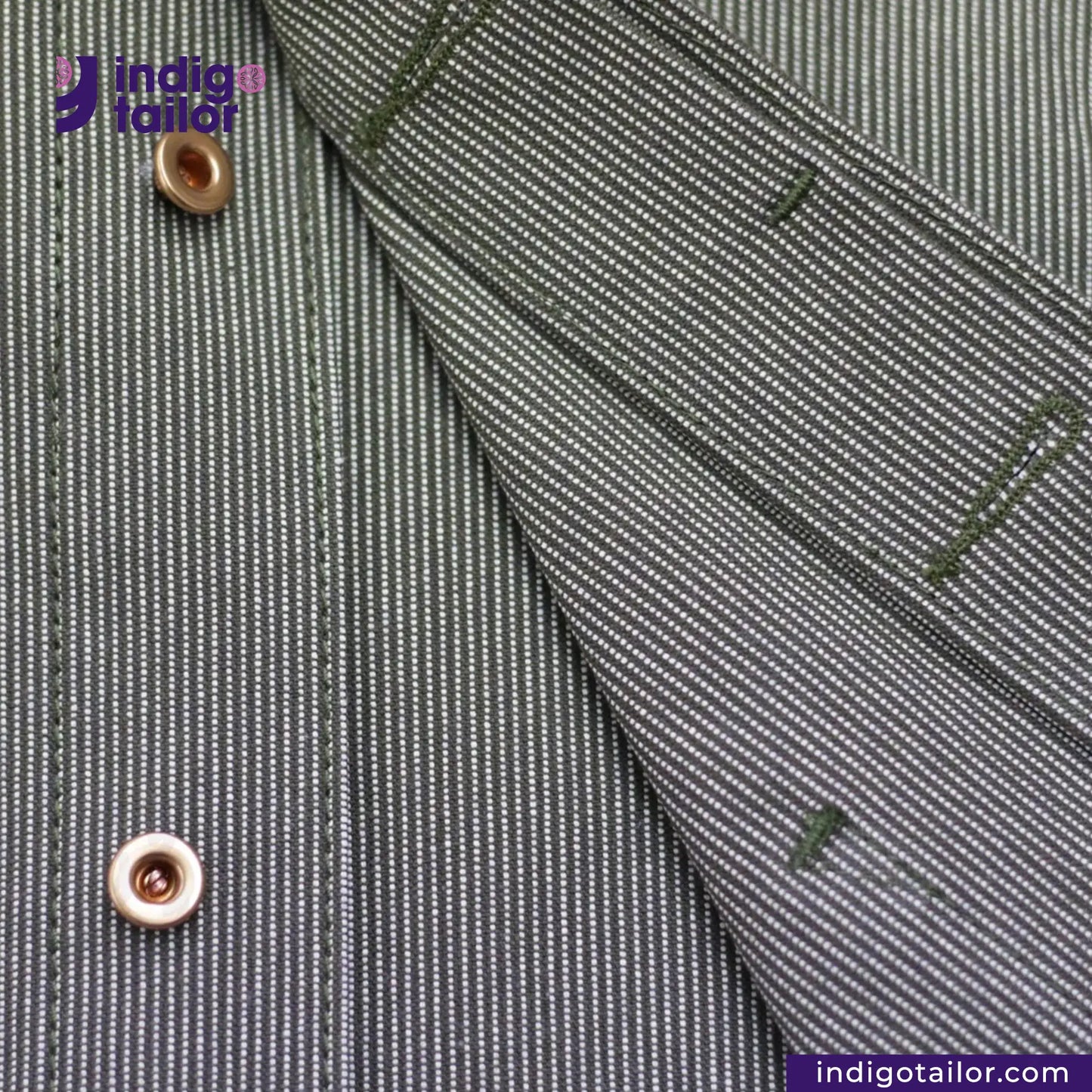 Close-up of EASY JACKET OLIVE WABASH ONE WASH with buttons and 'Indigotailor' branding.