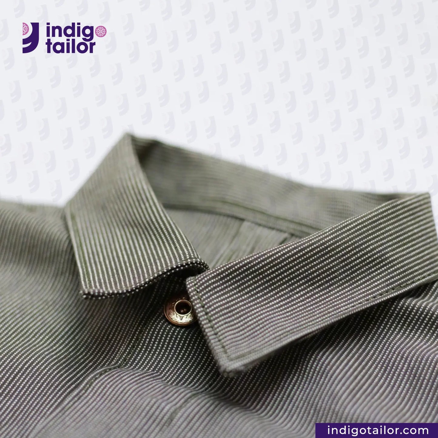 Close-up of a EASY JACKET OLIVE WABASH ONE WASH collar with 'Indigotailor' logo in the corner.