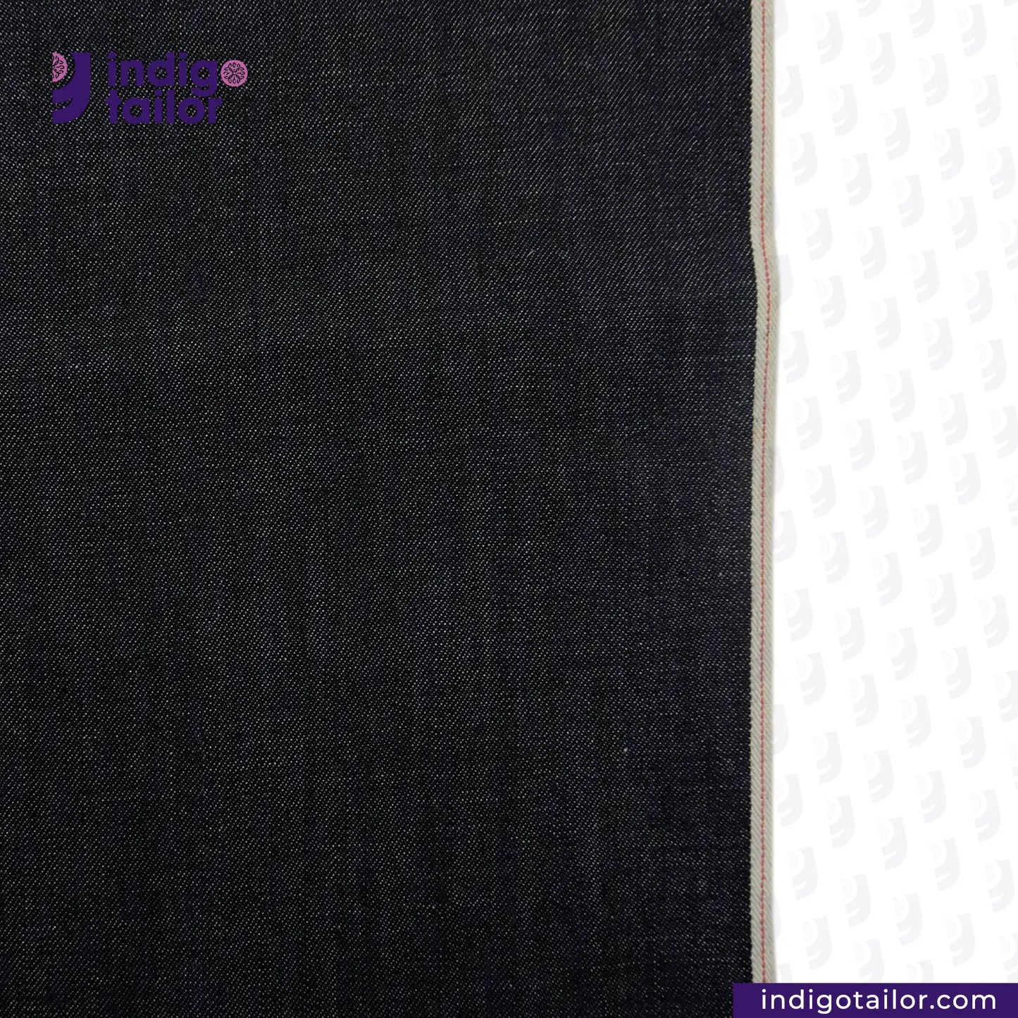 Close-up of FEATHERWEIGHT SELVEDGE DENIM denim fabric with a visible brand logo on a white background