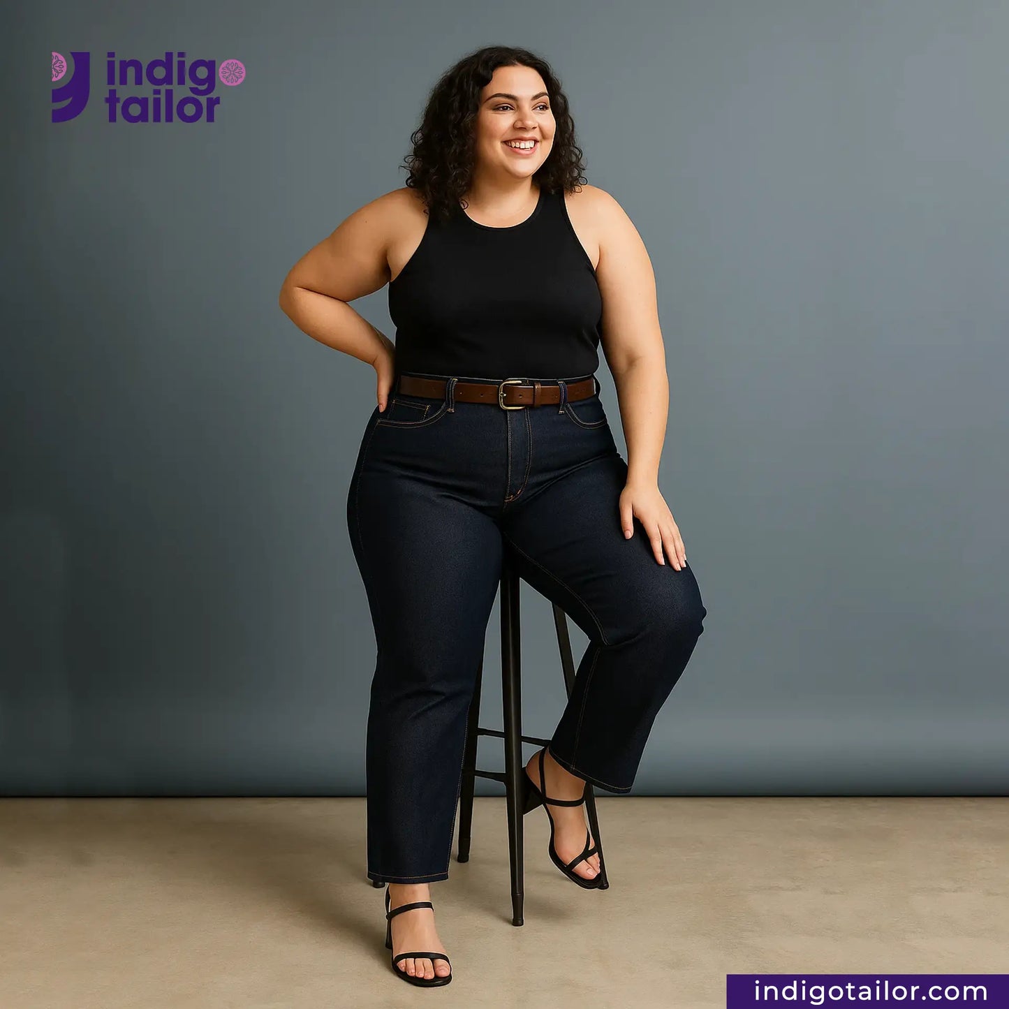 Woman wearing black top and FEATHERWEIGHT SELVEDGE DENIM jeans sitting on a stool with Indigotailor logo in the corner.