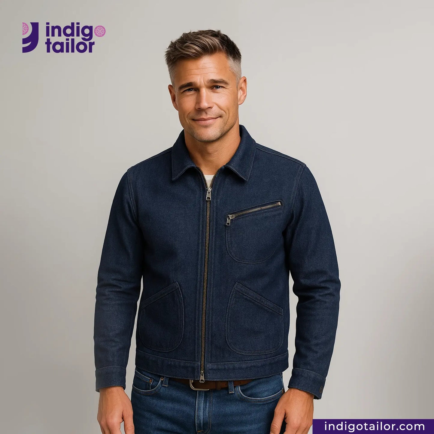 Man wearing a FLIGHT JACKET with 'Indigo Tailor' logo above