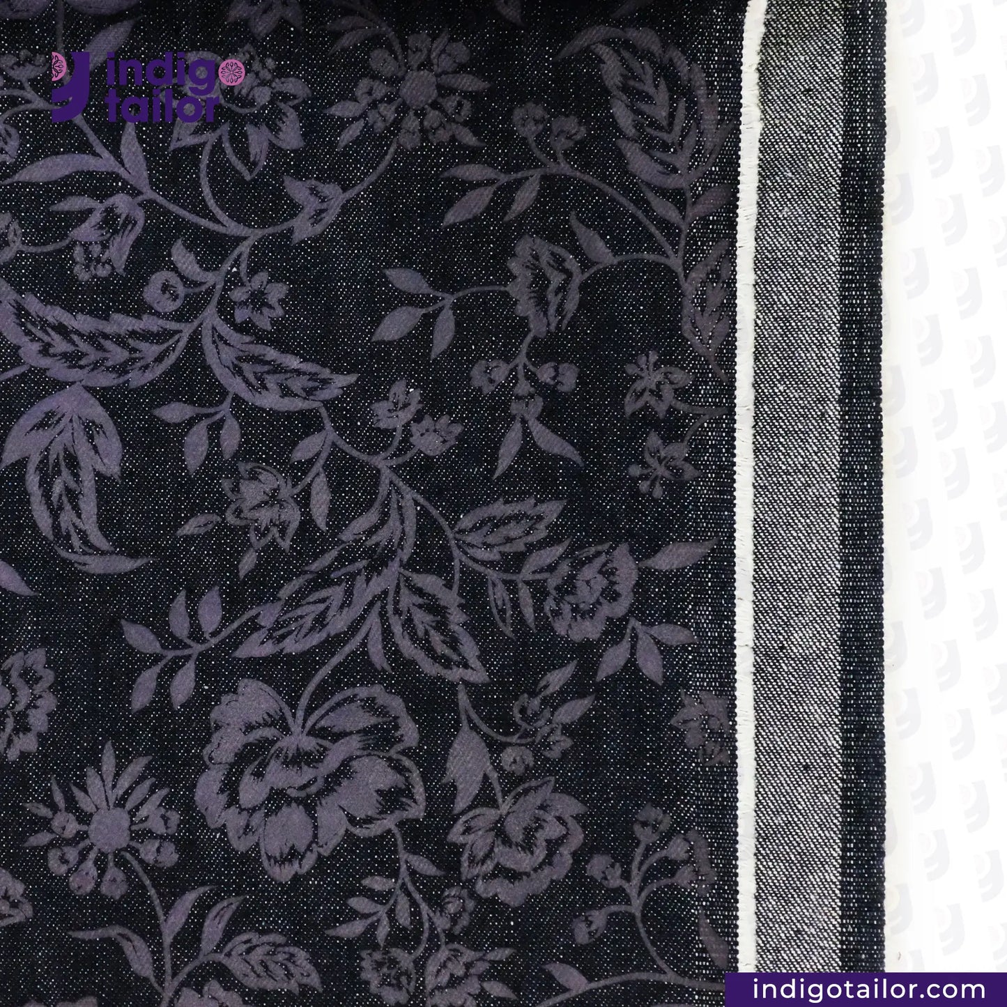FLORAL EMBOSSED DENIM fabric with a visible brand logo on a white background