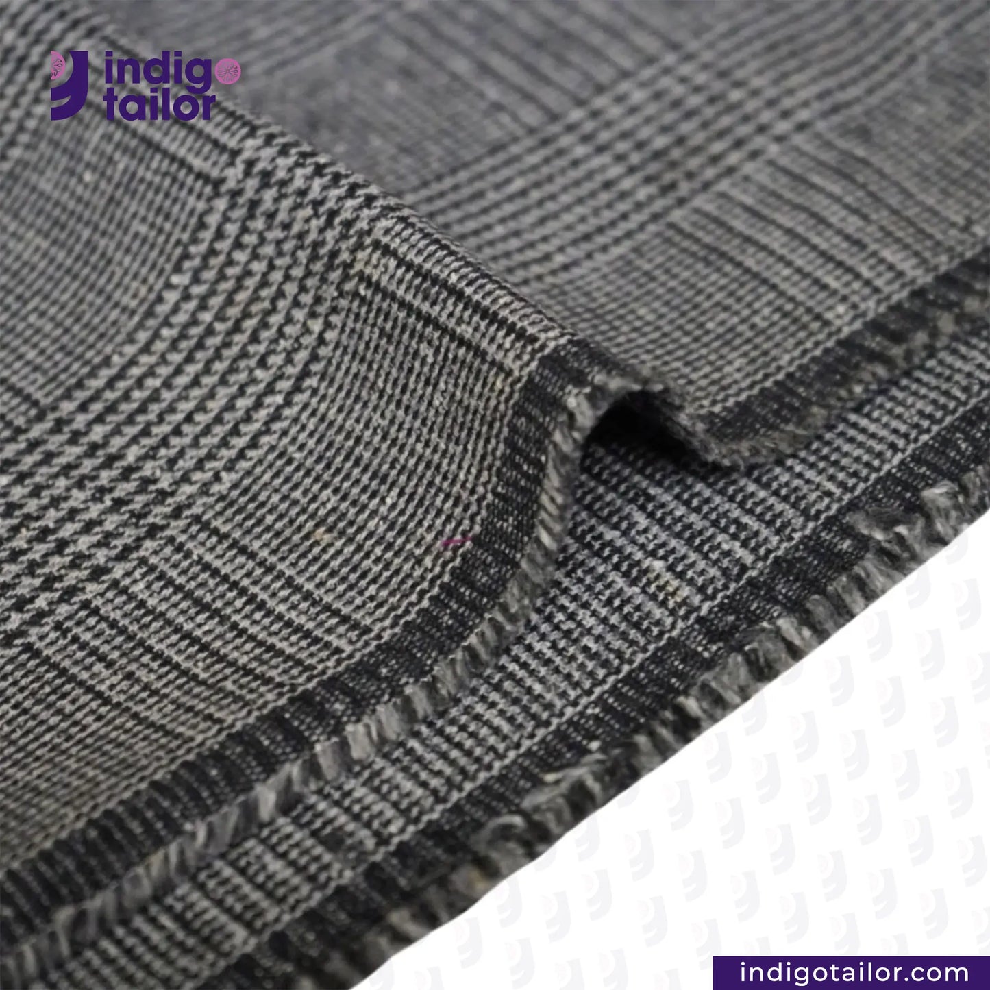 Close-up of GREYHOUND TWEED PLAID fabric with 'Indigotailor' logo.