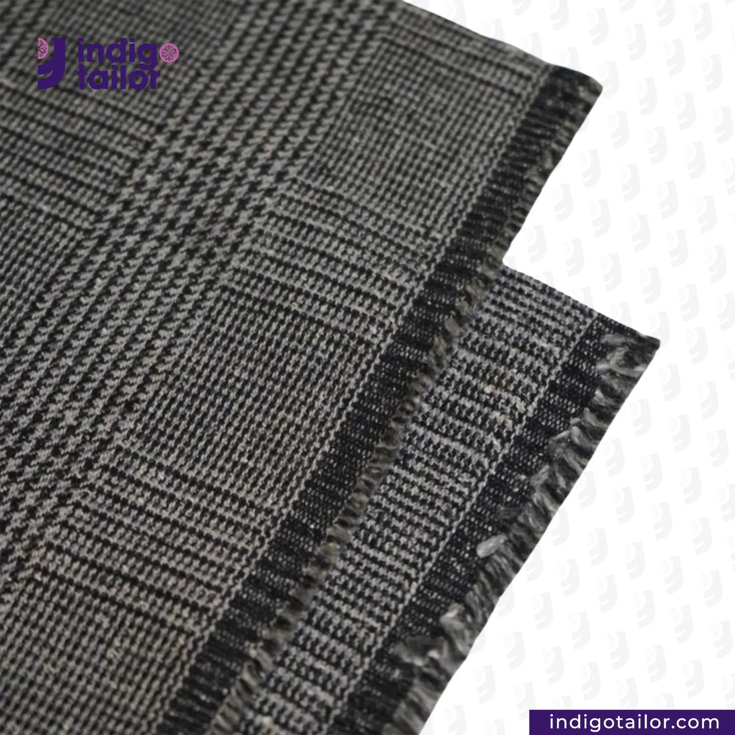 GREYHOUND TWEED PLAID fabric with 'Indigo Tailor' logo on a white background