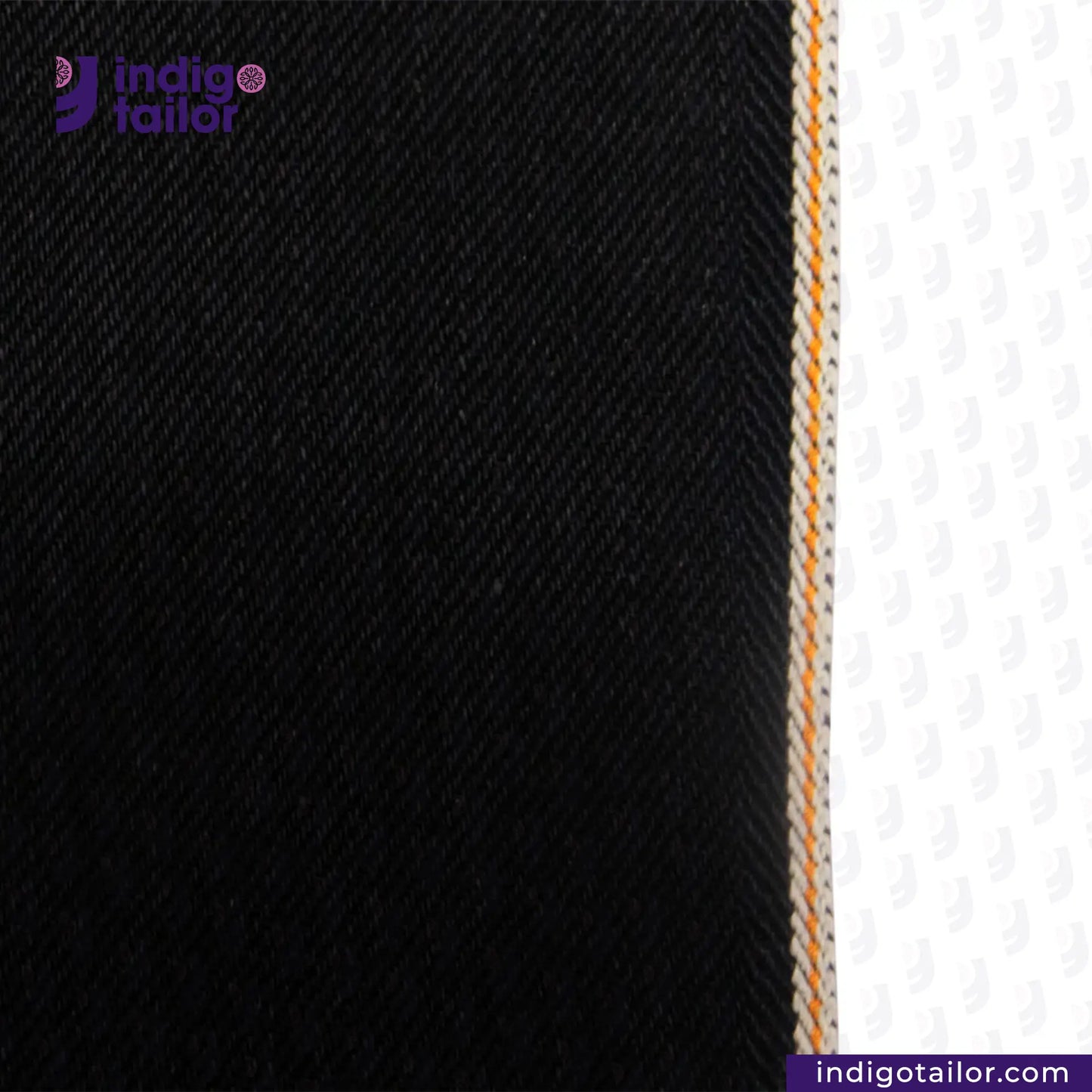 Close-up of HEAVY DOUBLE BLACK ORANGE SELVEDGE ID fabric with orange stitching detail, featuring Indigotailor logo.