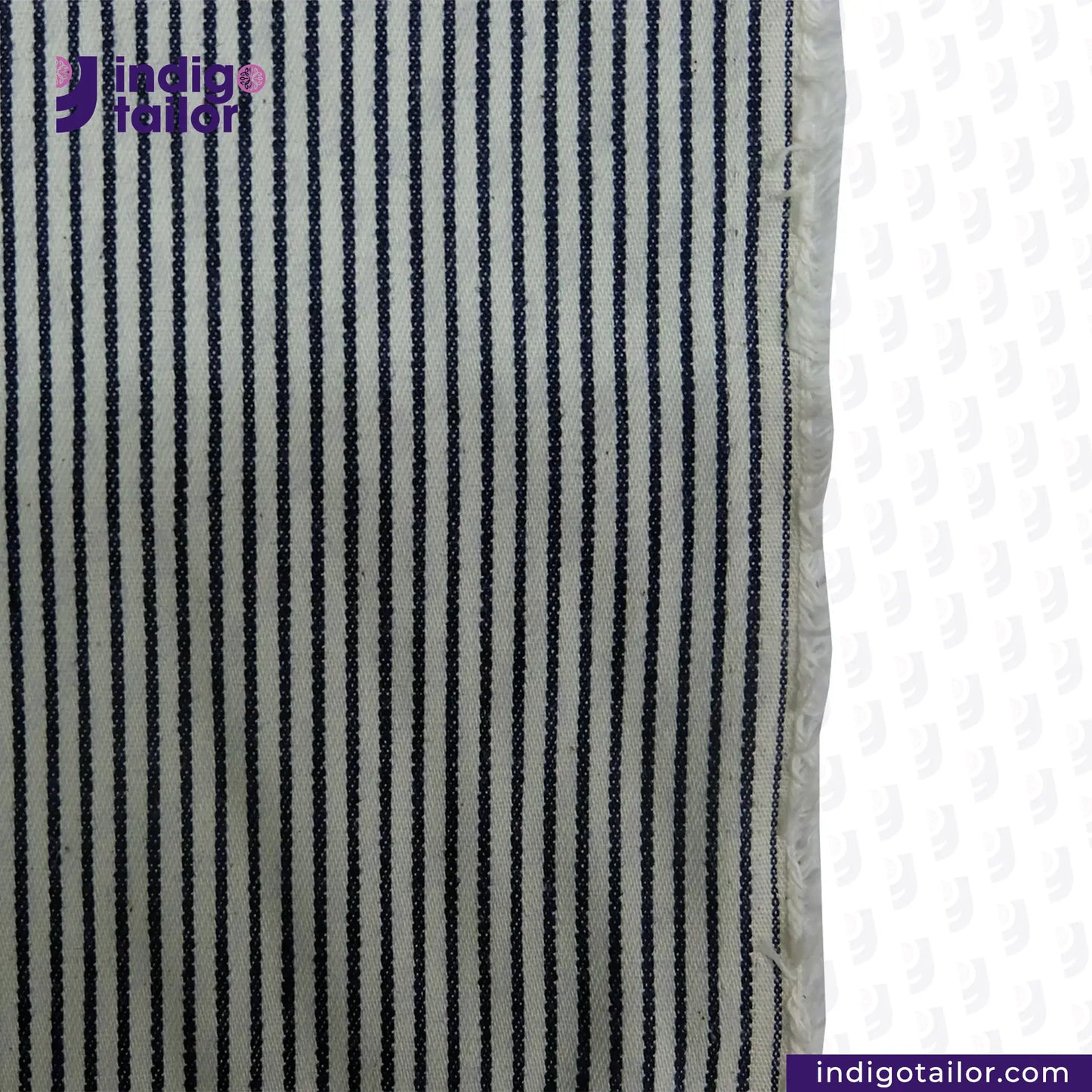 HICKORY STRIPE fabric with black lines on a white background, featuring the Indigo Tailor logo.