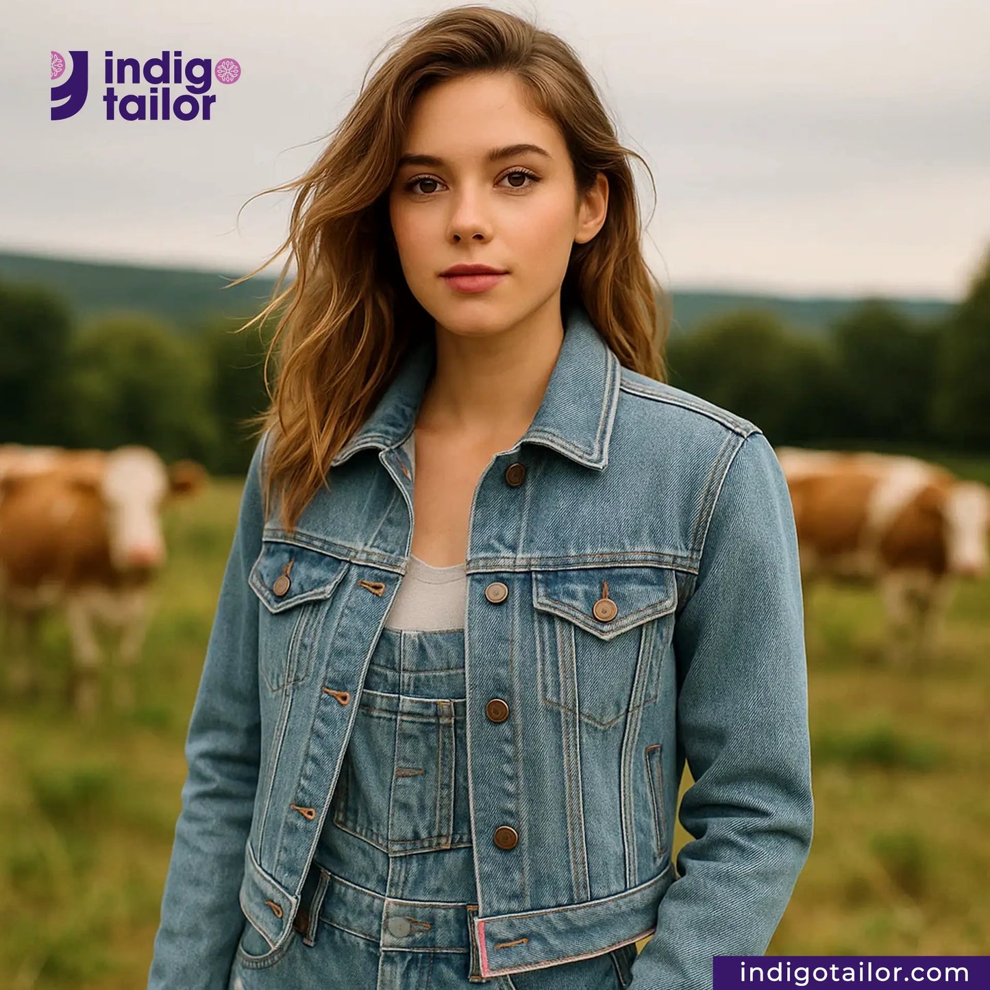 Woman wearing a ICE BLUE SELVEDGE DENIM jacket in a field with cows, featuring the Indigotailor brand.