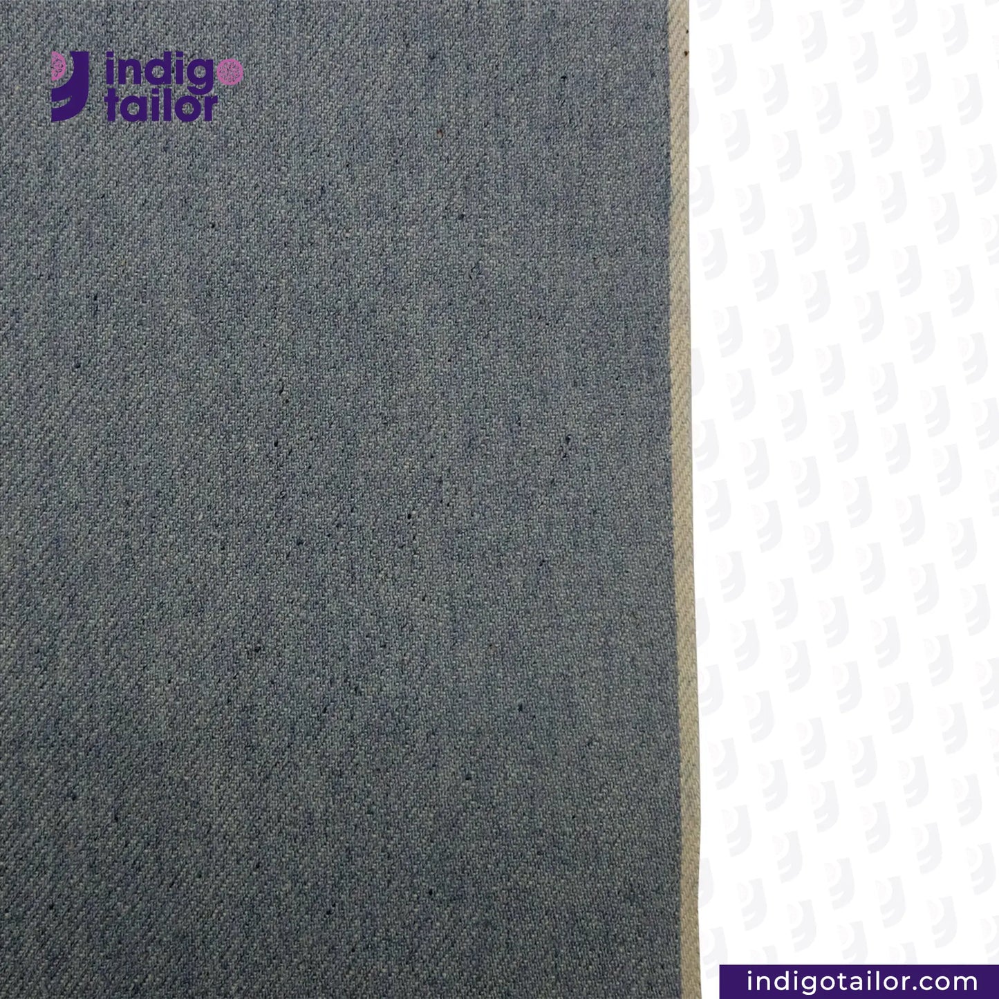 ICE BLUE SELVEDGE DENIM fabric swatch on a white background with 'Indigotailor' logo.