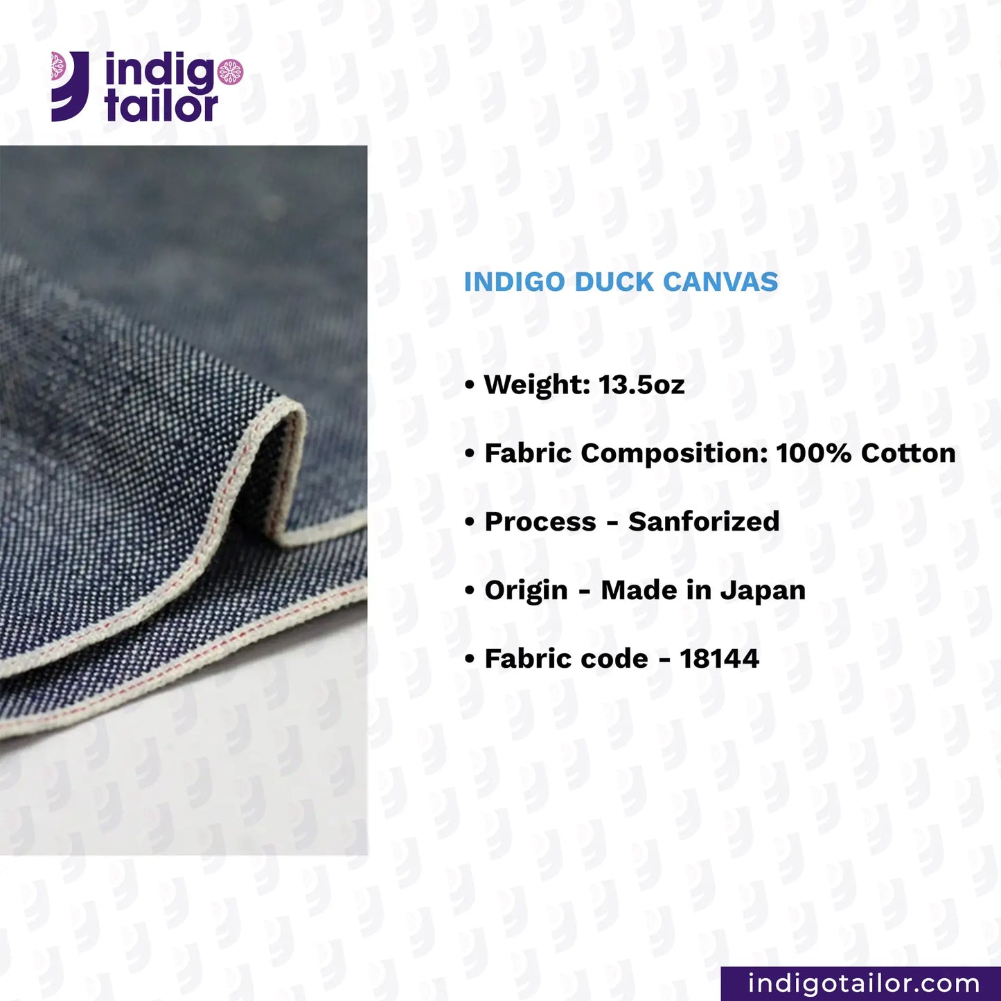 Indigo duck canvas fabric with product details on a white background