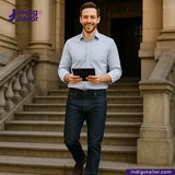 Man holding a tablet standing on steps with 'Indigo Tailor' branding. wearing INDIGO GREY DENIM jeans.