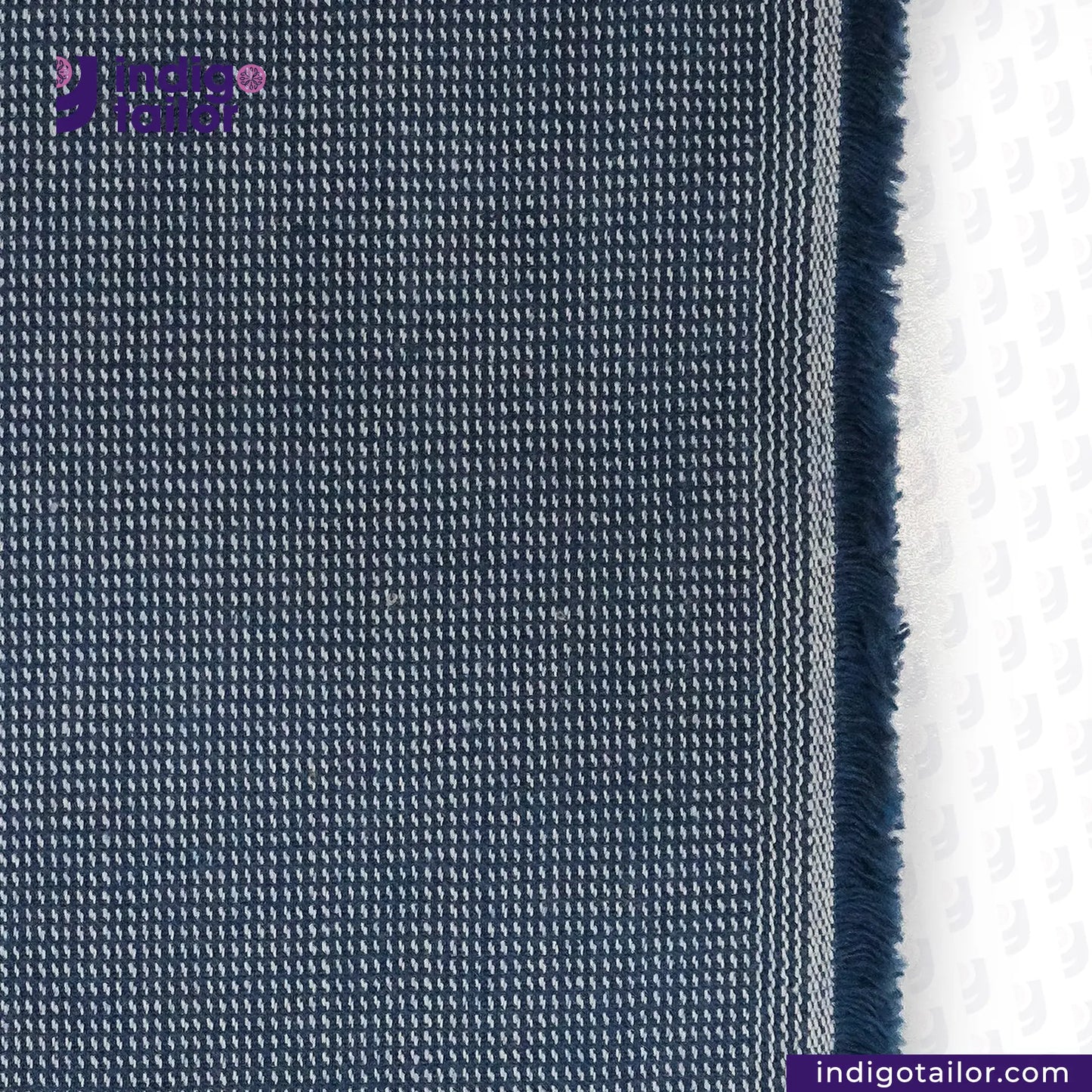 INDIGO HOUNDSTOOTH fabric swatch with a brand logo and website on a white background