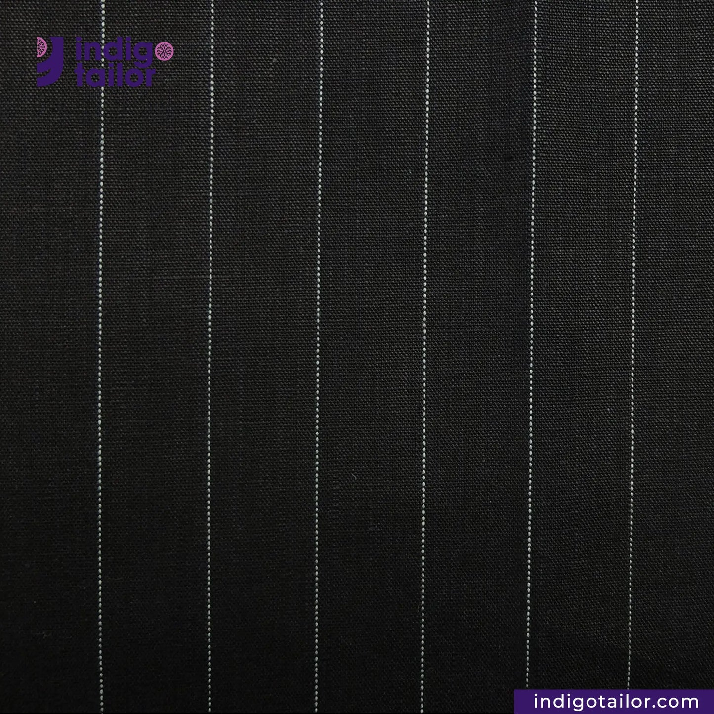 INDIGO PINSTRIPES fabric with white pinstripes and Indigo Tailor logo.