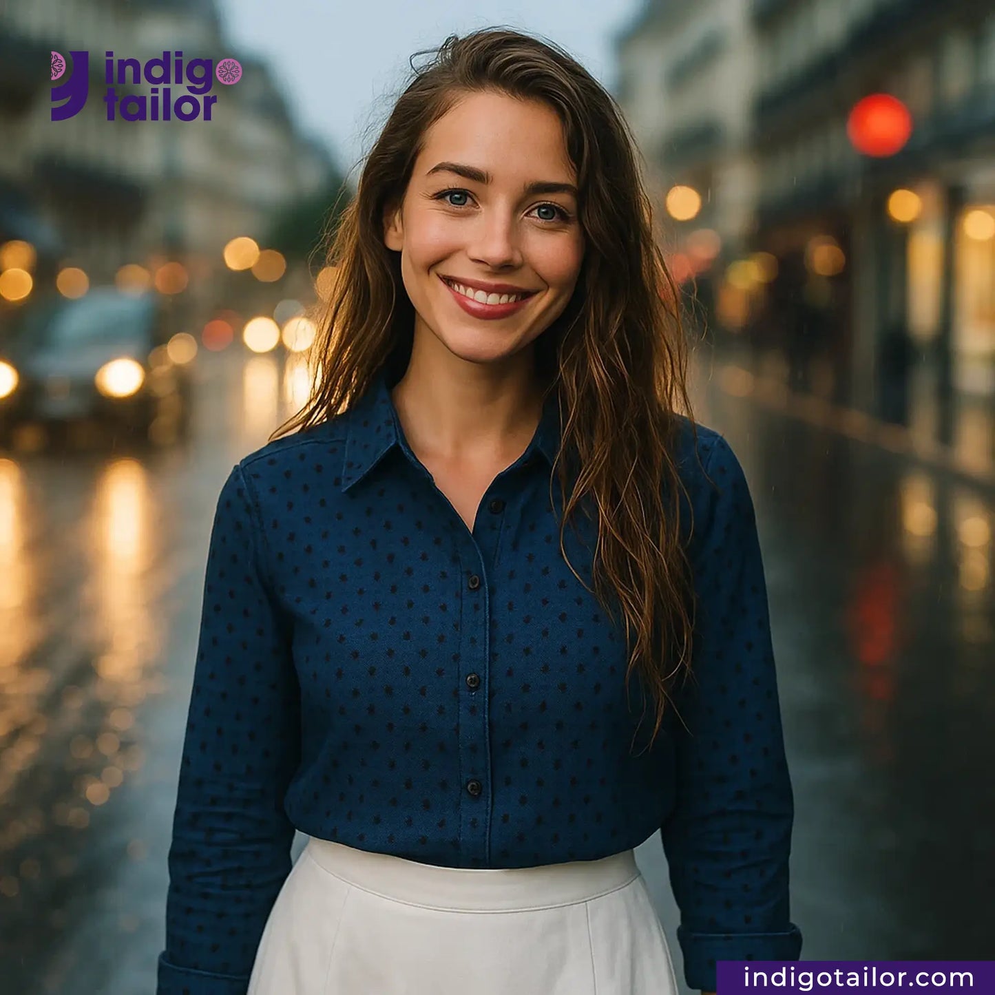 Woman wearing a INDIGO POLKA DOT JACQUARD shirt with blurred city street in the background