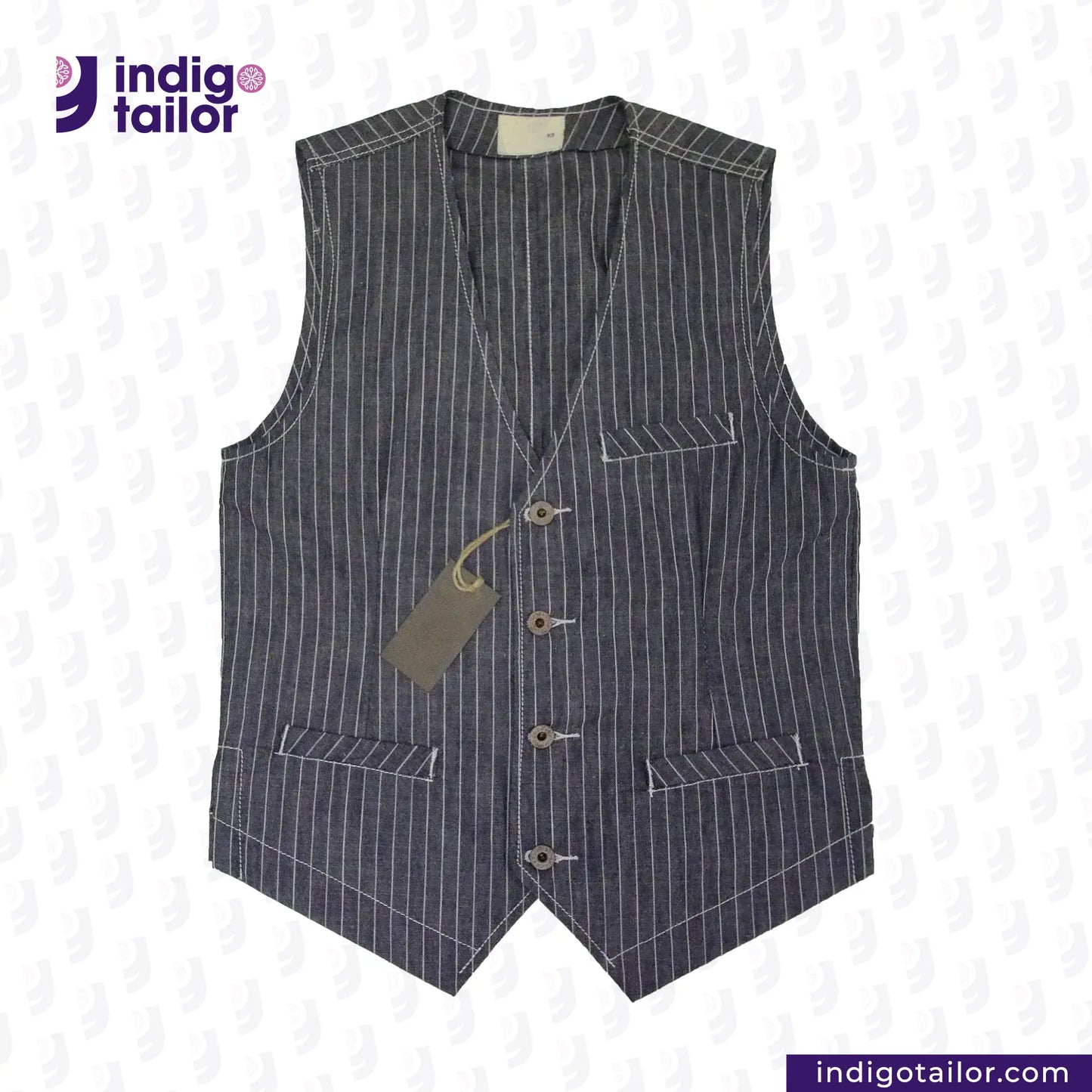 INDIGO VINTAGE STRIPE WORK VEST with a tag on a light gray background, featuring the Indigo Tailor logo.