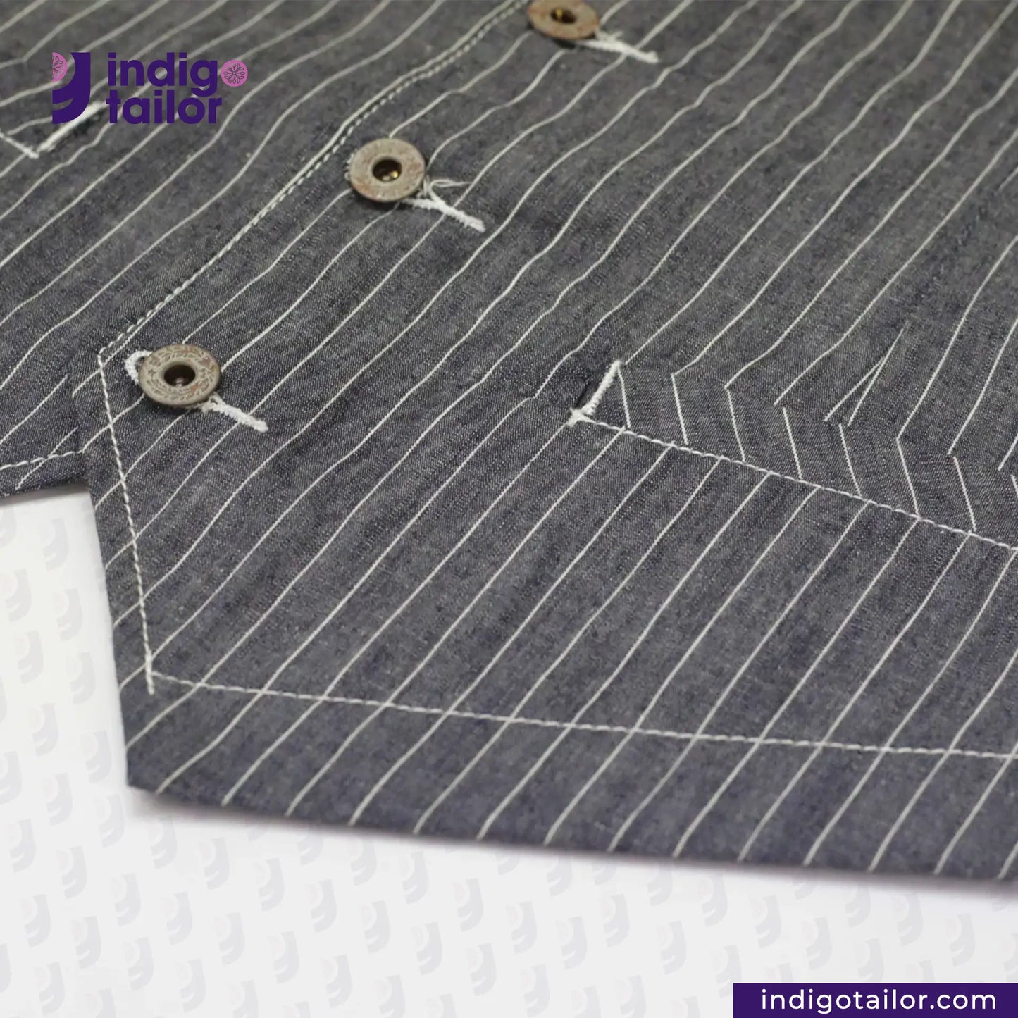INDIGO VINTAGE STRIPE WORK VEST with white pinstripes and buttons, featuring 'Indigotailor' branding.