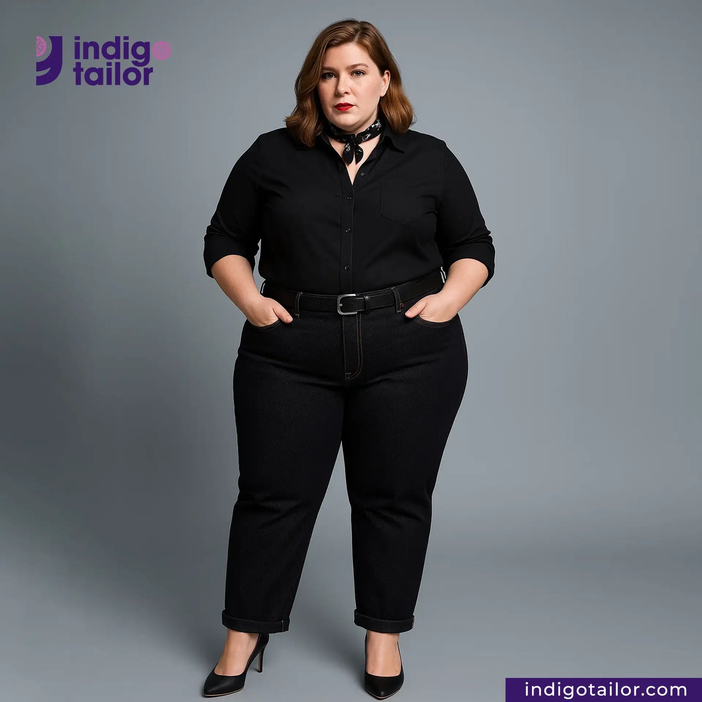 Woman wearing a INDIGO X BLACK DENIM outfit with 'Indigotailor' logo on a gray background