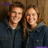 Two people wearing matching INDIGO x INDIGO SUMMER TWILL SELVEDGE DENIM jackets with Indigo tailor logo and website.