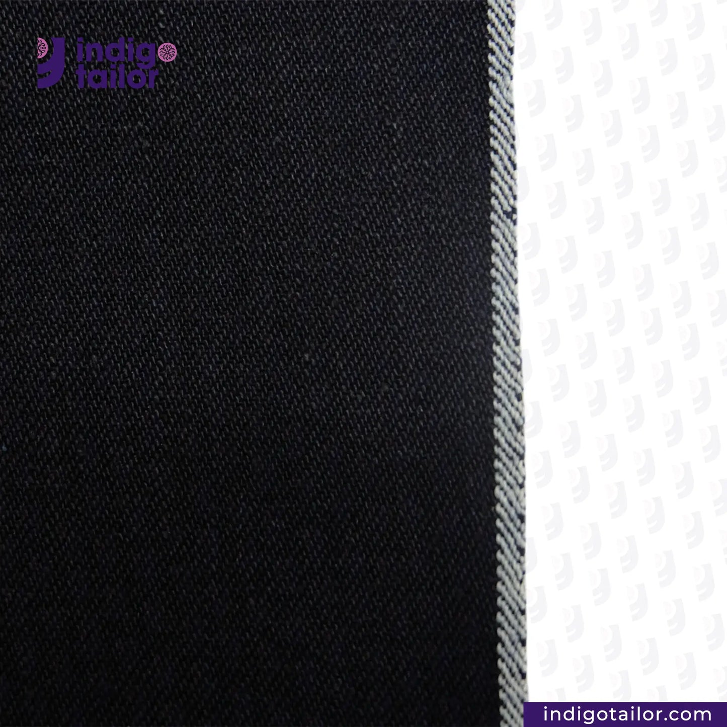 Close-up of INDIGO x INDIGO SUMMER TWILL SELVEDGE DENIM fabric with Indigotailor logo and website on a white background