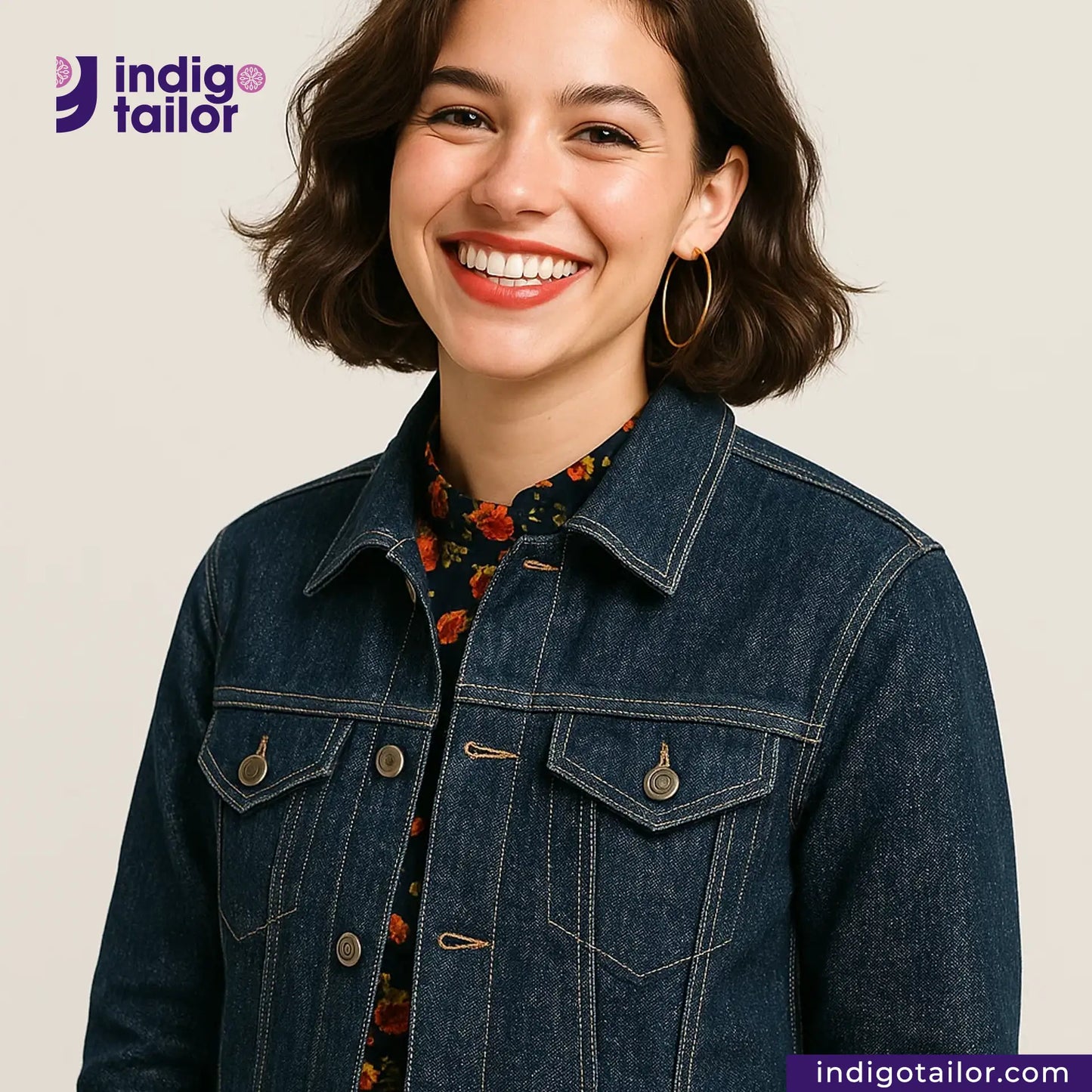 Woman wearing a IRONMAN HEAVYWEIGHT SELVEDGE DENIM jacket with Indigo Tailor logo and website on a beige background