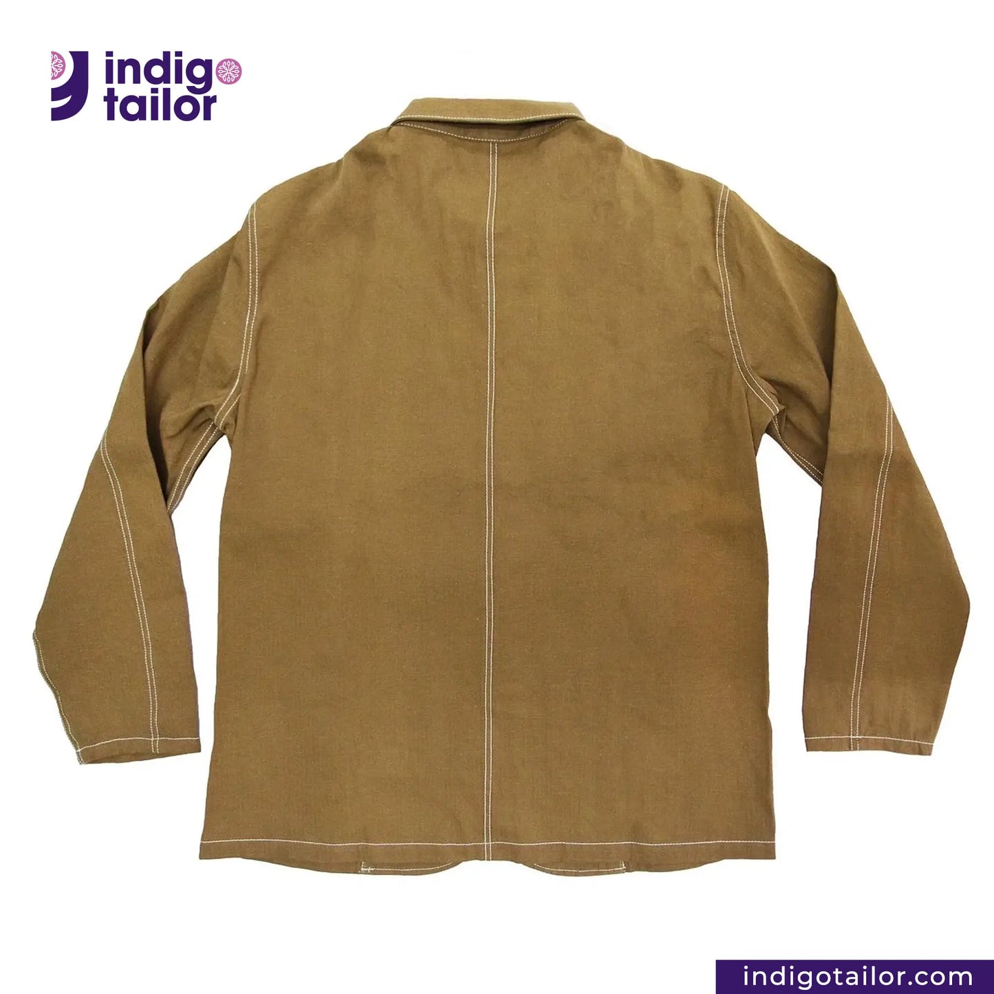 KHAKI HERRINGBONE COVERALL JACKET on a white background with 'Indigo Tailor' logo.