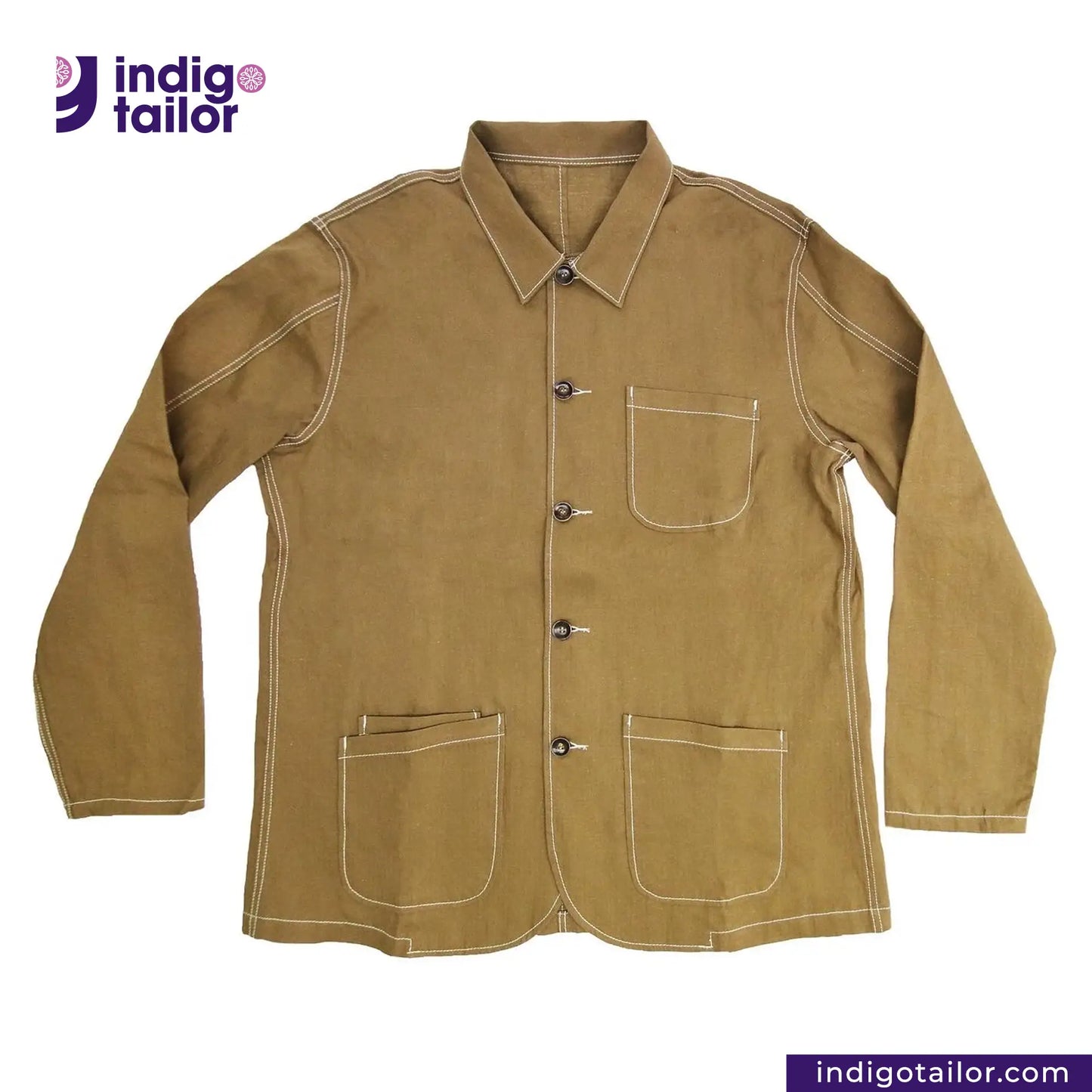 KHAKI HERRINGBONE COVERALL JACKET with white stitching on a white background, featuring the Indigotailor logo.