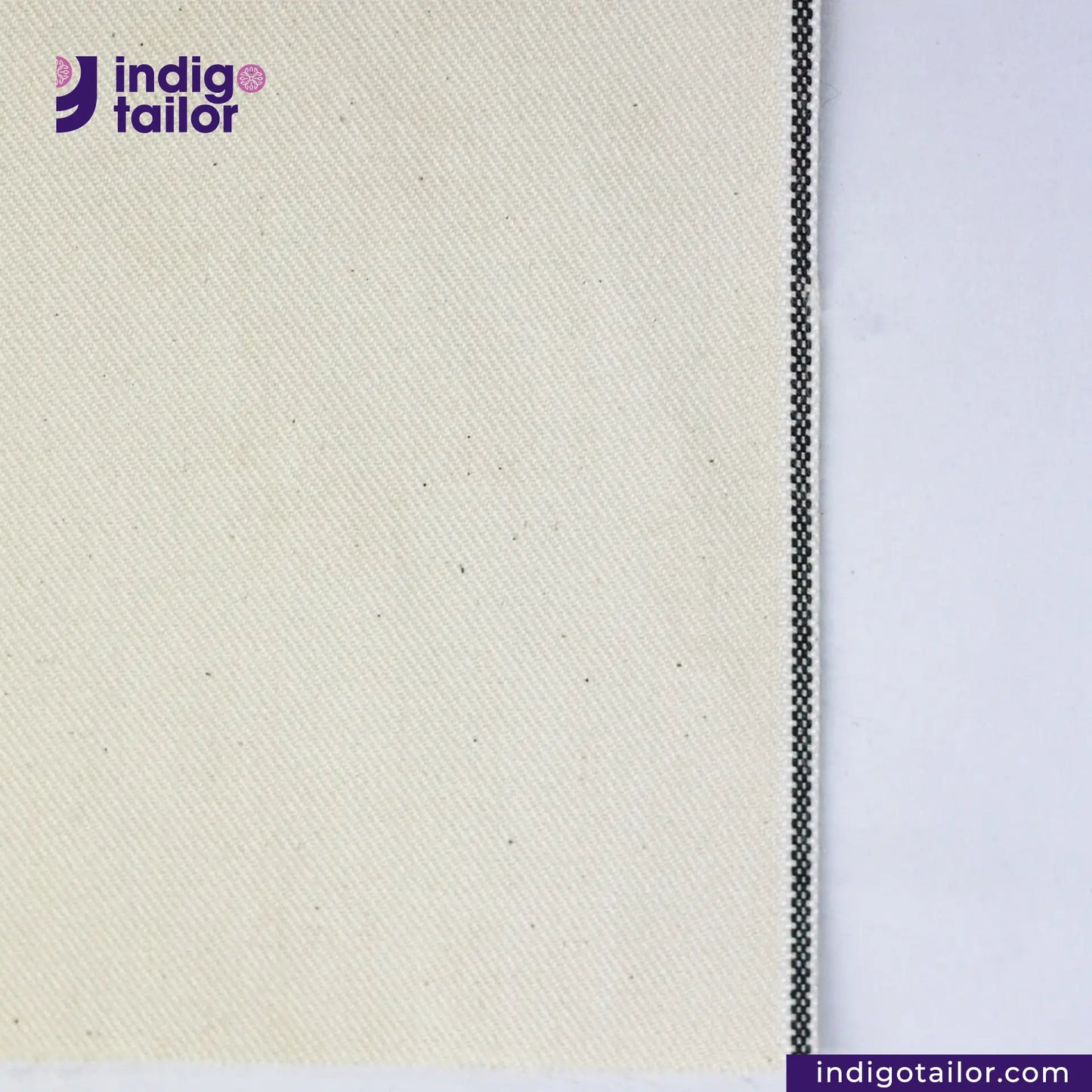 KINARI SELVEDGE DENIM fabric swatch with 'indigotailor' logo and website URL.